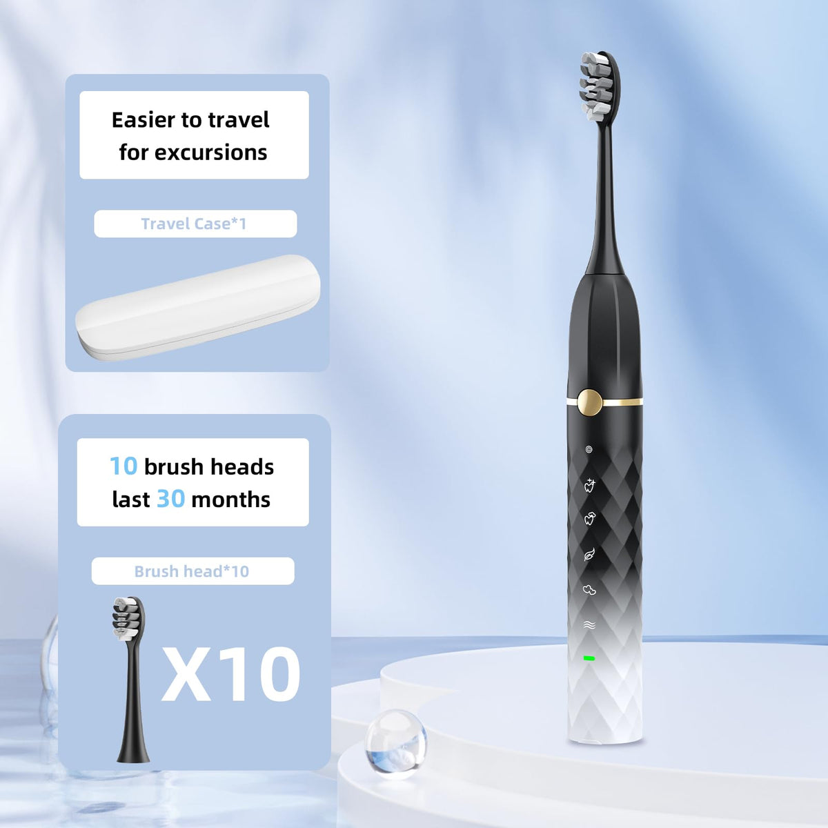 Black White Sonic Electric Toothbrush Set with 10 Brush Heads and Travel Case R93107