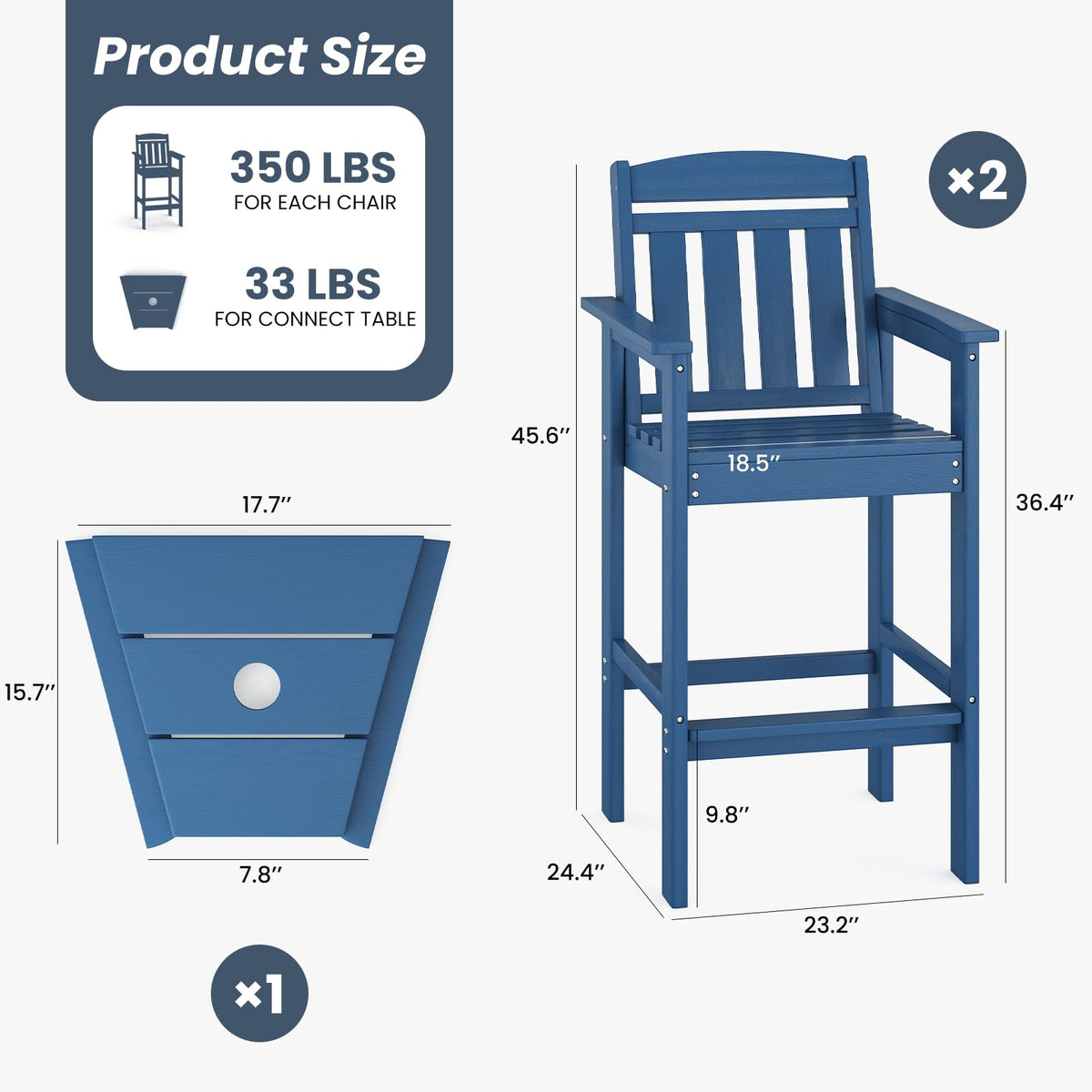 HDPE Adirondack Bar Stools Set of 2 with Connecting Tray E55261