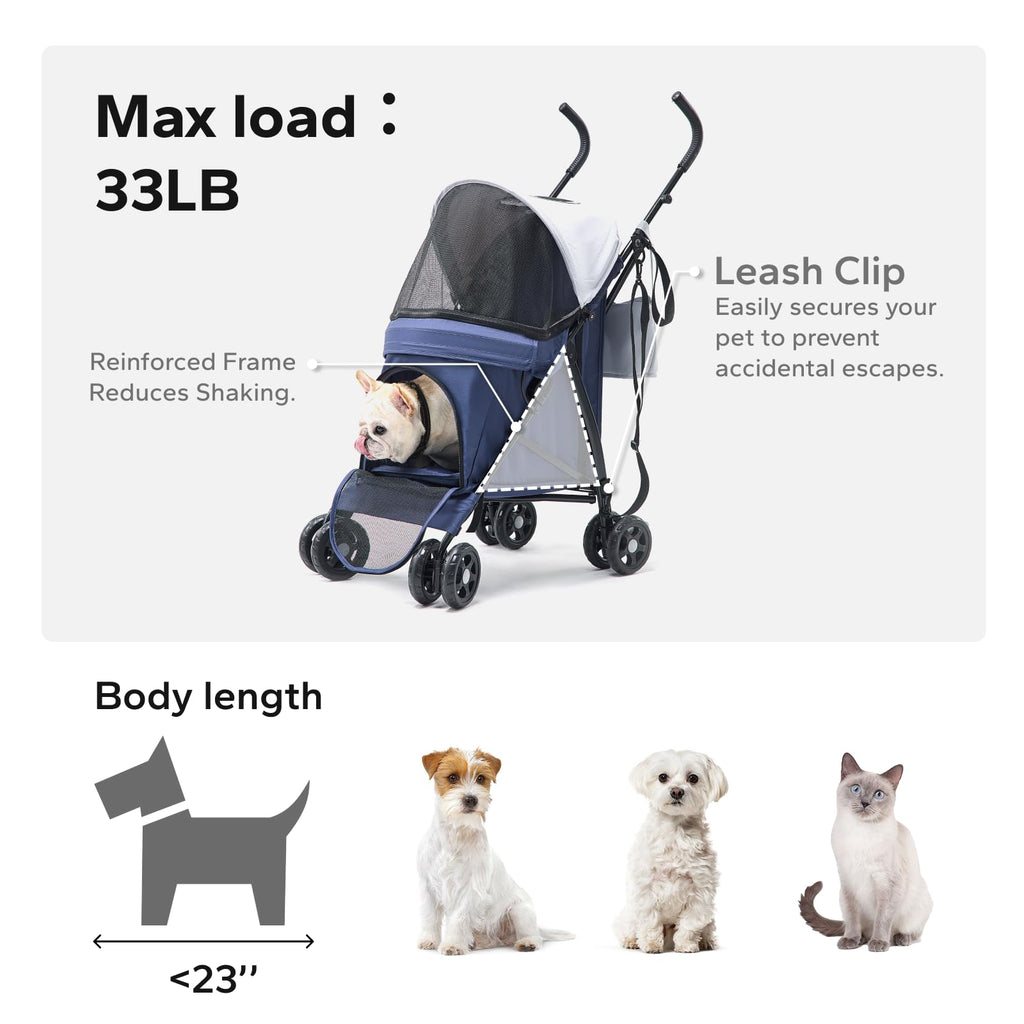 Foldable Pet Stroller for Small Dogs & Cats, 10 lbs, Blue Gray P381