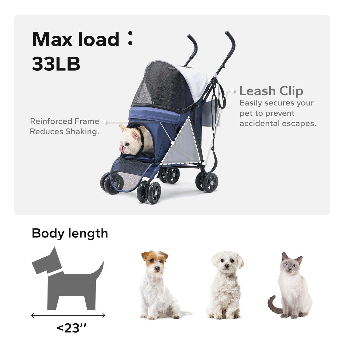 Foldable Pet Stroller for Small Dogs & Cats, 10 lbs, Blue Gray P381