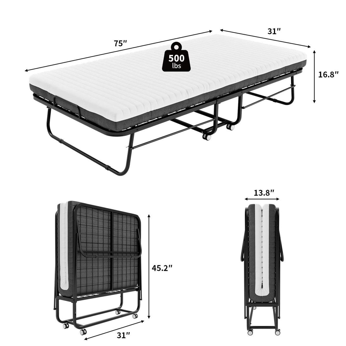 Folding Bed with Mattress 75''x31'' 5 Inch Memory Foam Metal Frame C5850