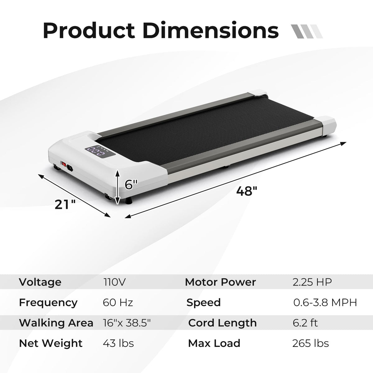 2.25HP Under Desk Treadmill with LED Display and Remote Control J2137