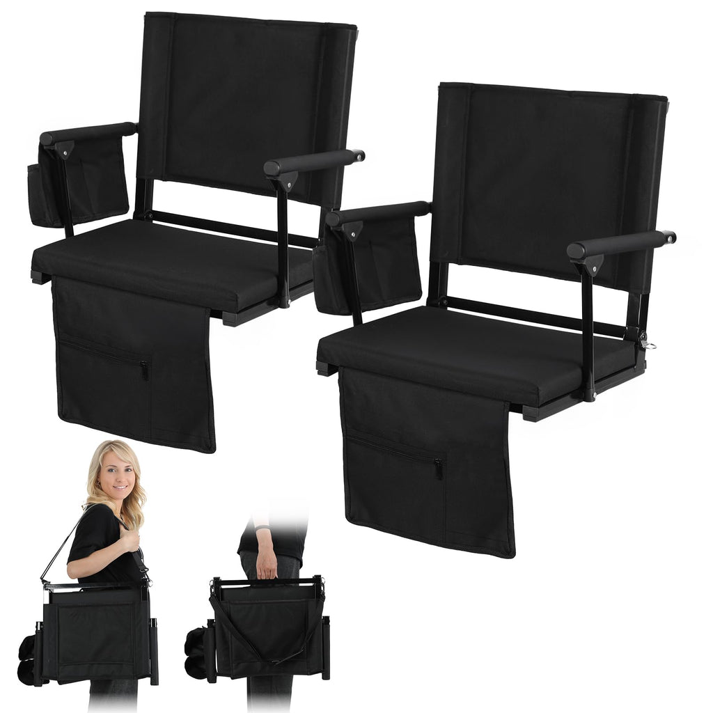 2 Pcs Black Folding Stadium Seats with Back Support and Cup Holder U8427