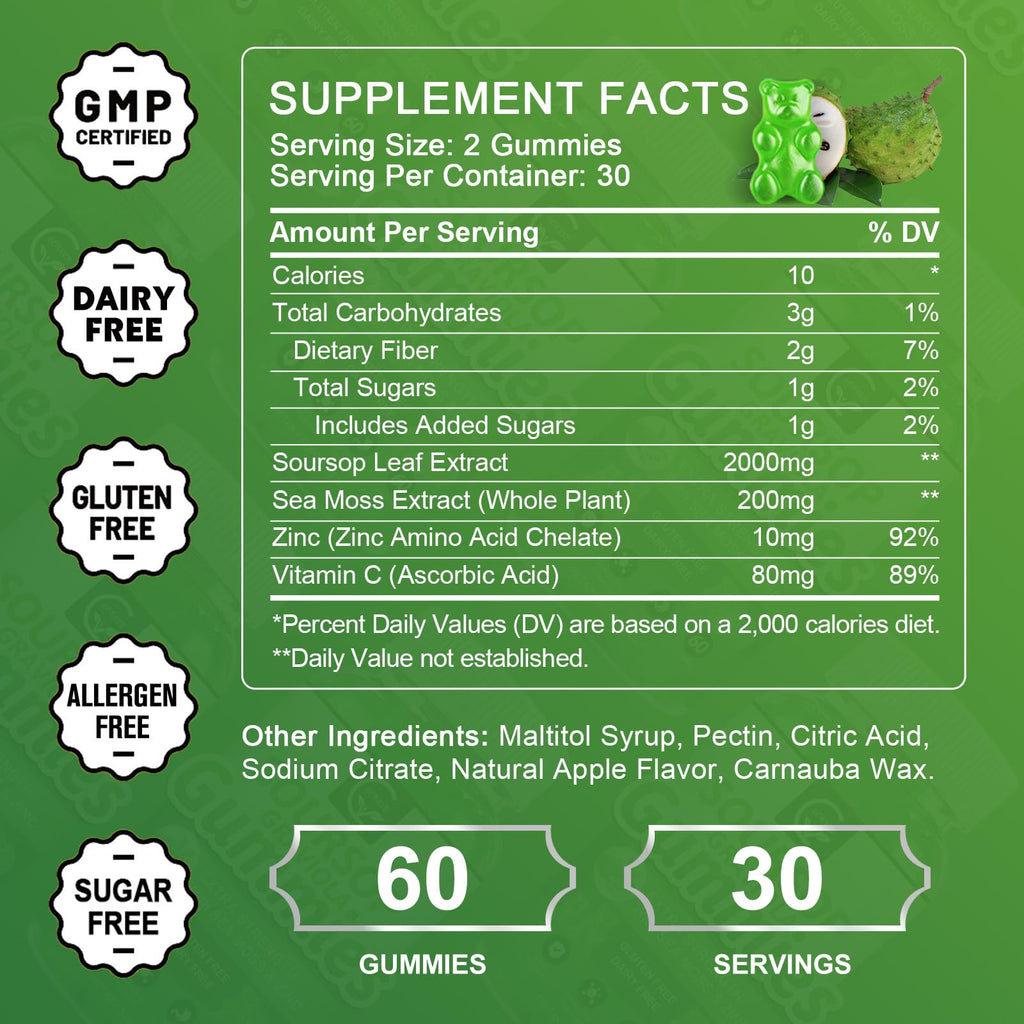 Organic Soursop Graviola Gummies 2200mg with Sea Moss Zinc Vitamin C 60 Gummies G533
