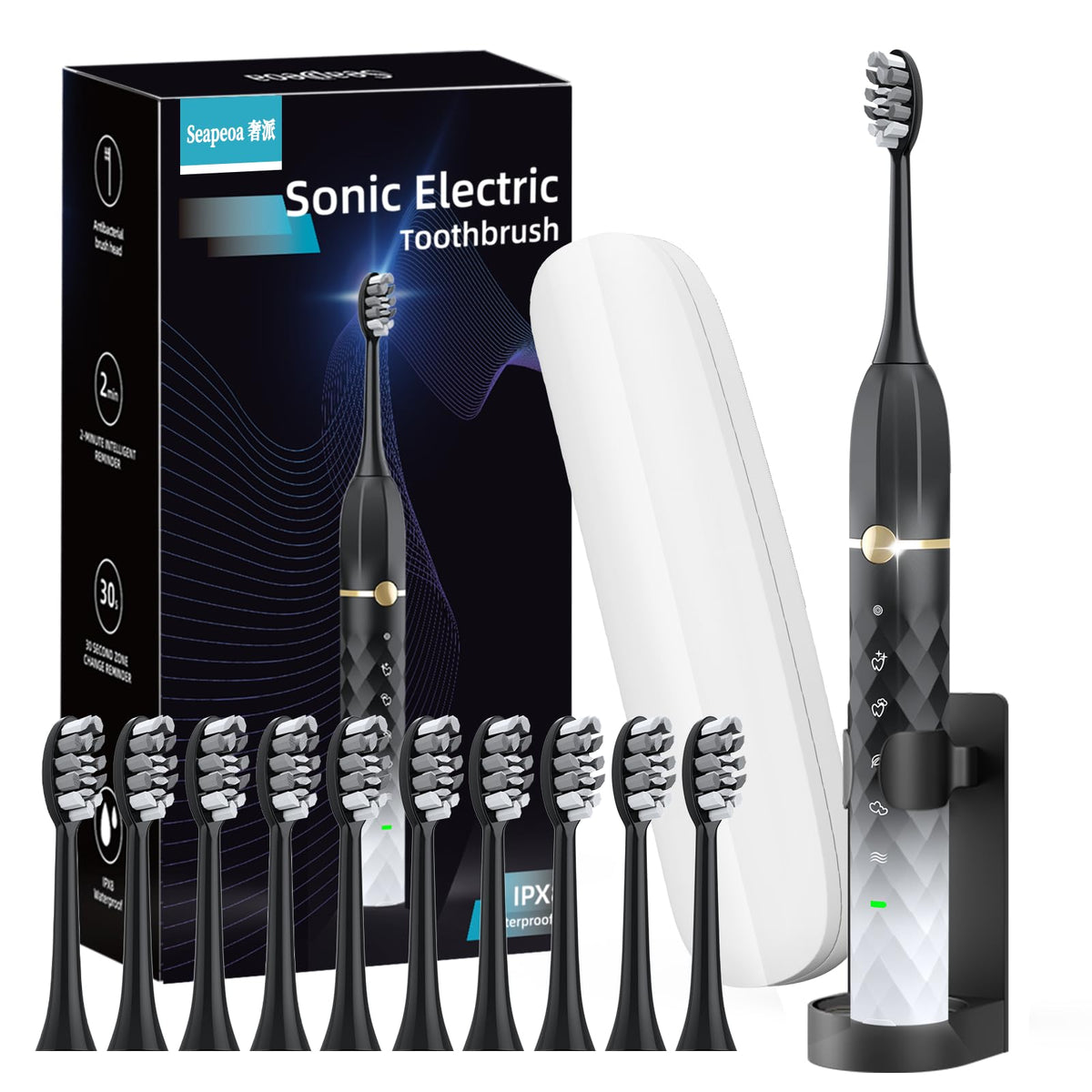 Black White Sonic Electric Toothbrush Set with 10 Brush Heads and Travel Case R93107