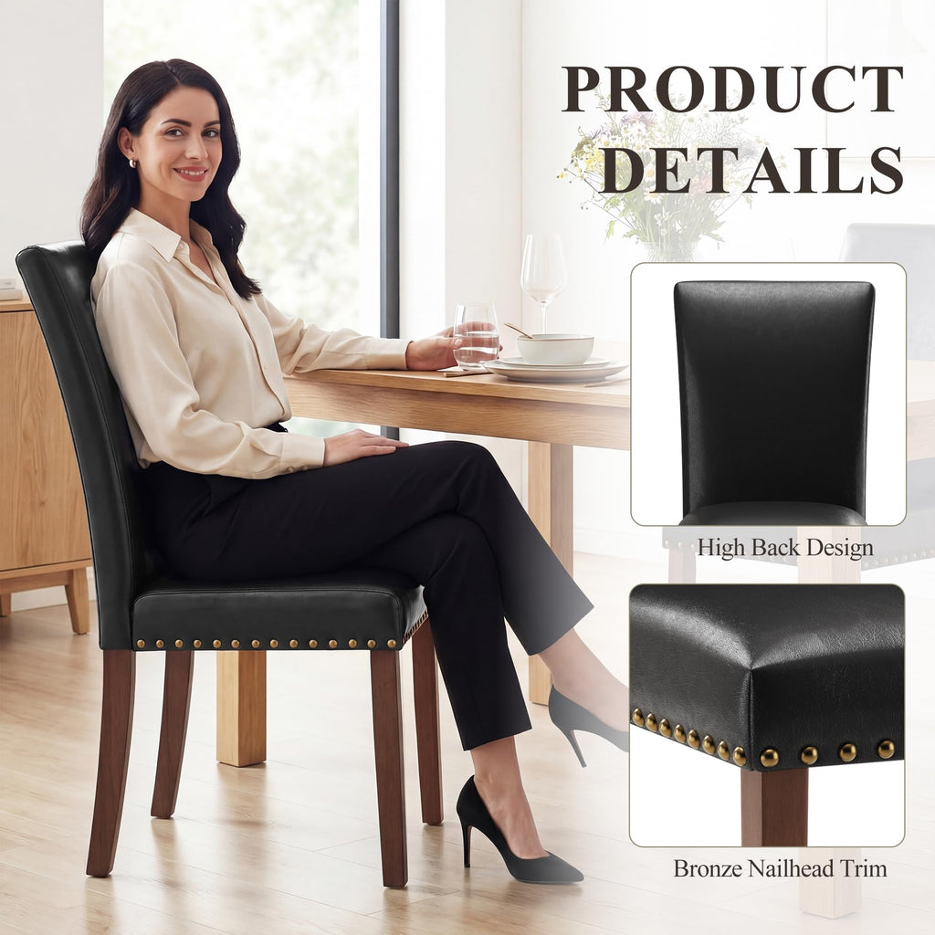 Black Leather Dining Chairs Set of 2 with Wood Legs S5686