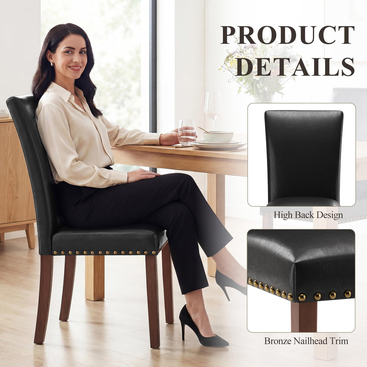 Black Leather Dining Chairs Set of 2 with Wood Legs S5686