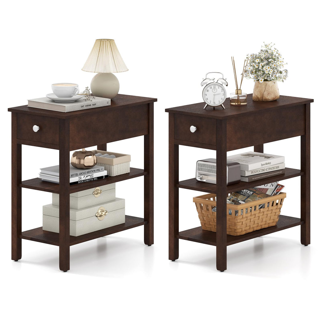 Narrow End Table Set of 2 Wood 3-Tier W856422