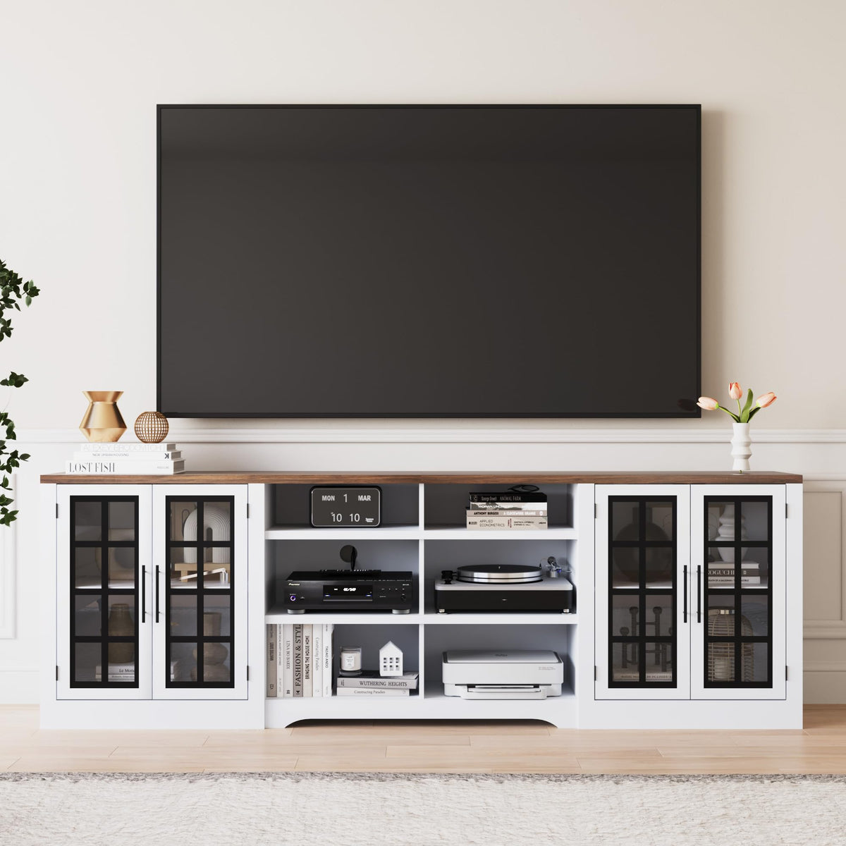 White Black TV Stand with 2 Cabinets and 3-Tier Shelves N6530