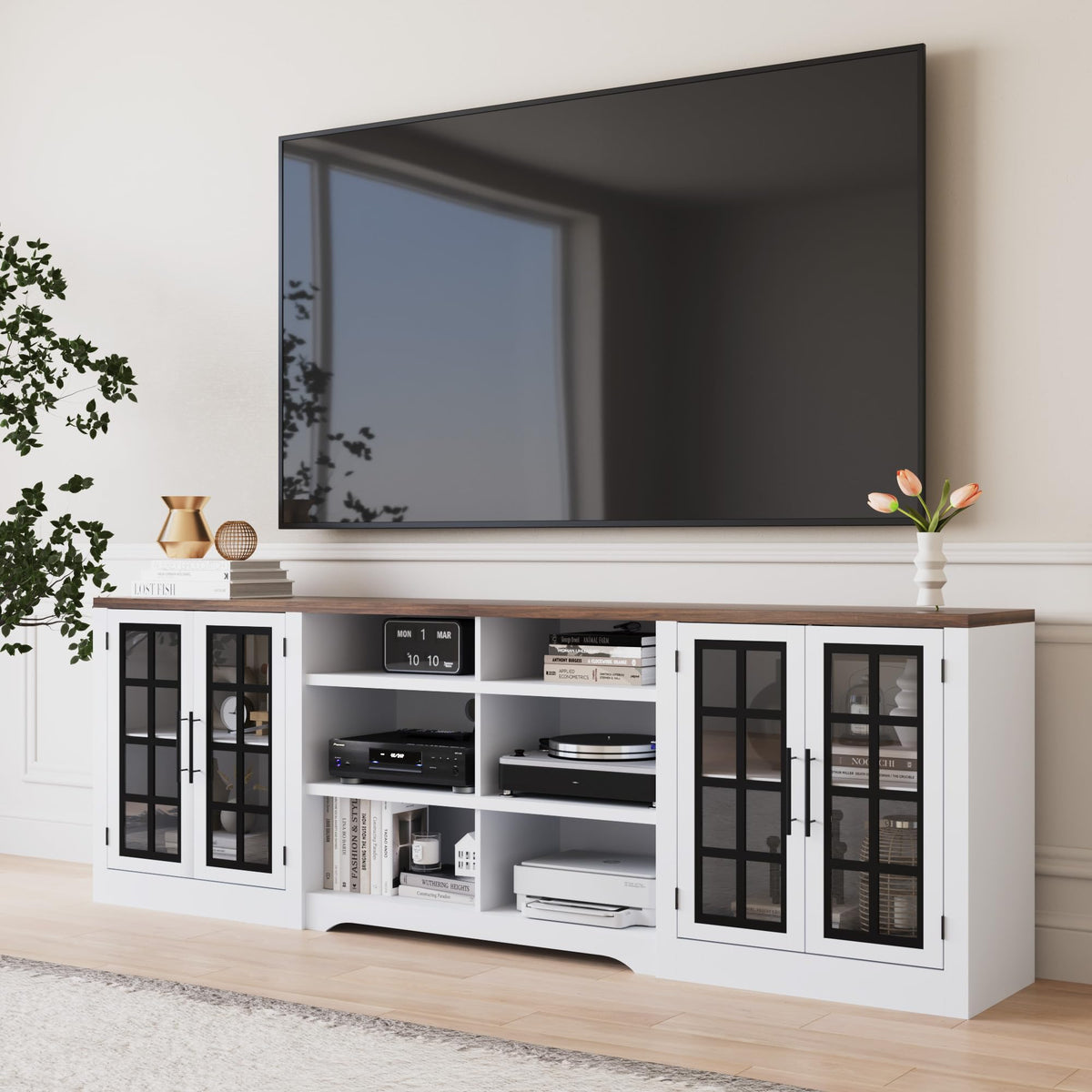 White Black TV Stand with 2 Cabinets and 3-Tier Shelves N6530