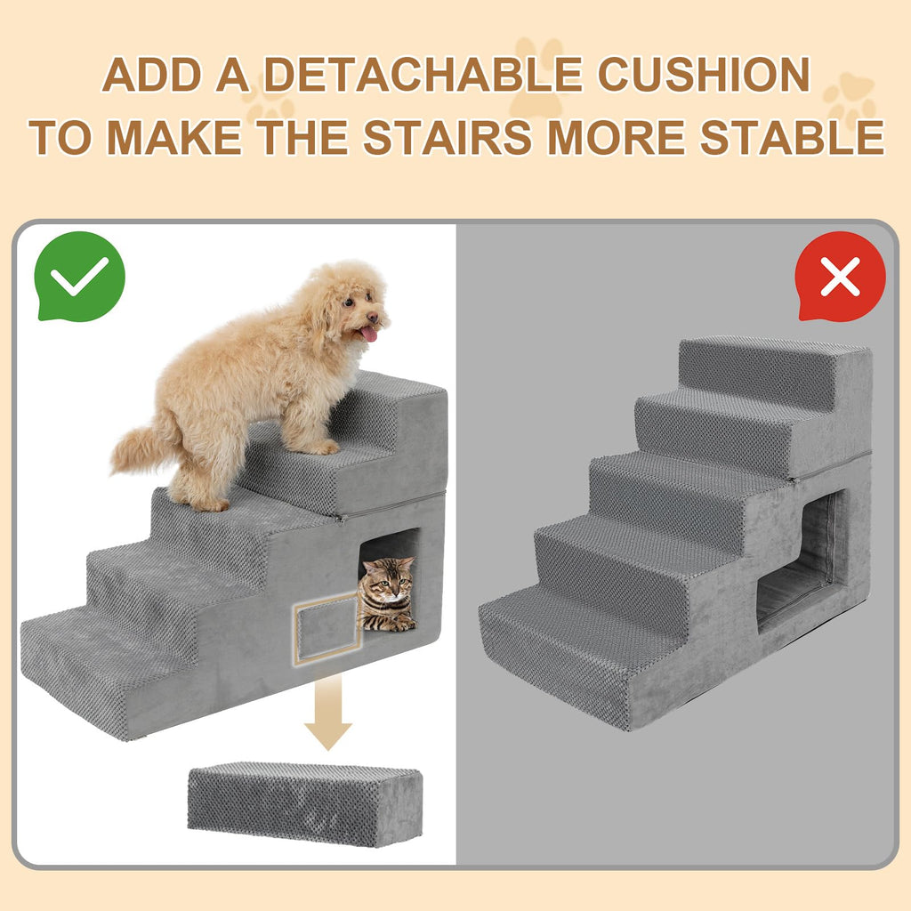 Grey 5-Step Dog Stairs with Non-Slip Washable Cover O3048
