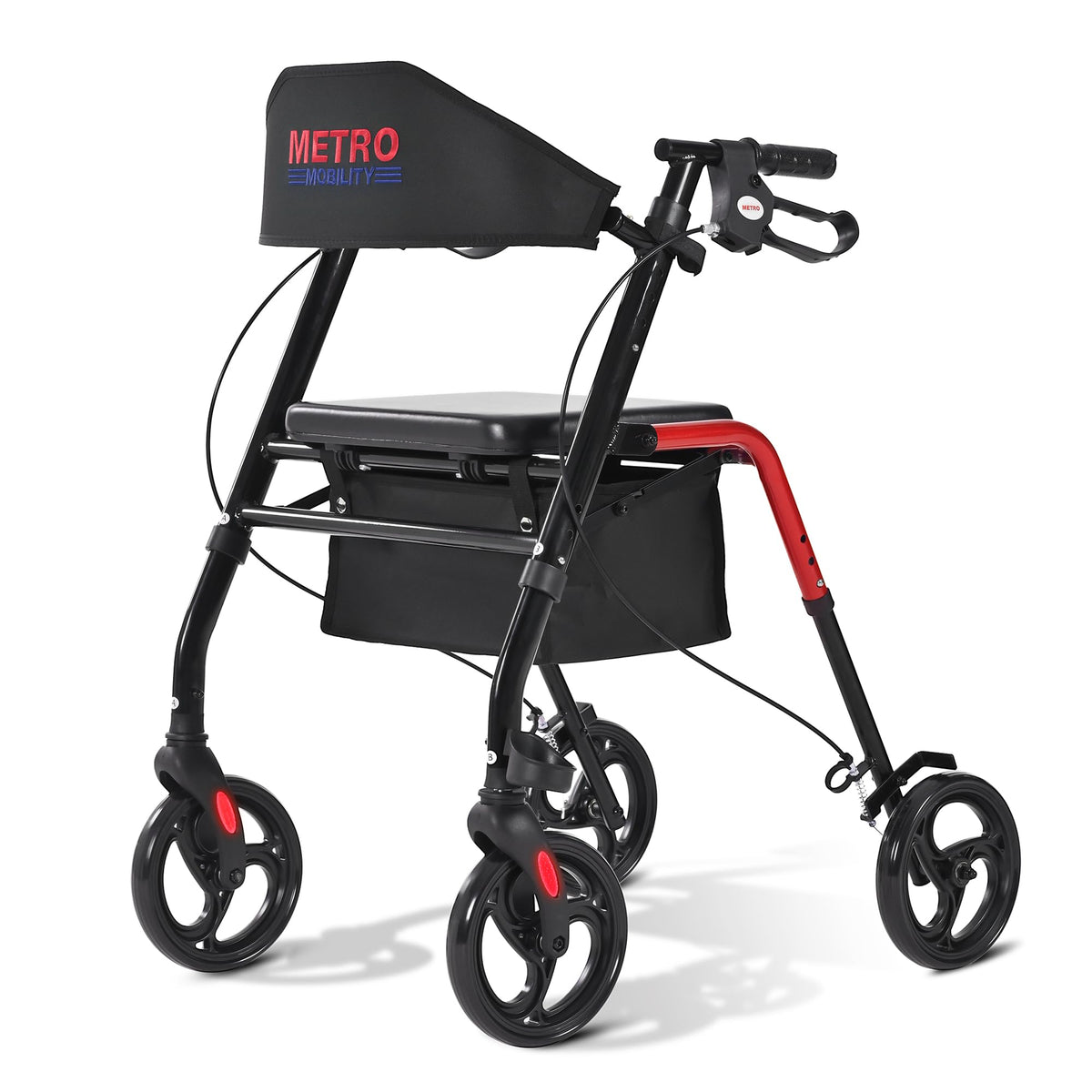 Foldable Lightweight Rolling Walker with Seat, 8" Wheels, 300 lb. Capacity, Red K852
