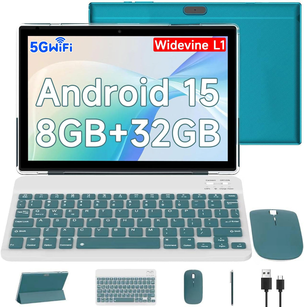 Android 15 Tablet 10.1 Inch 2 in 1 with Keyboard 8GB RAM 32GB ROM Quad-core IPS HD Touch Screen V384