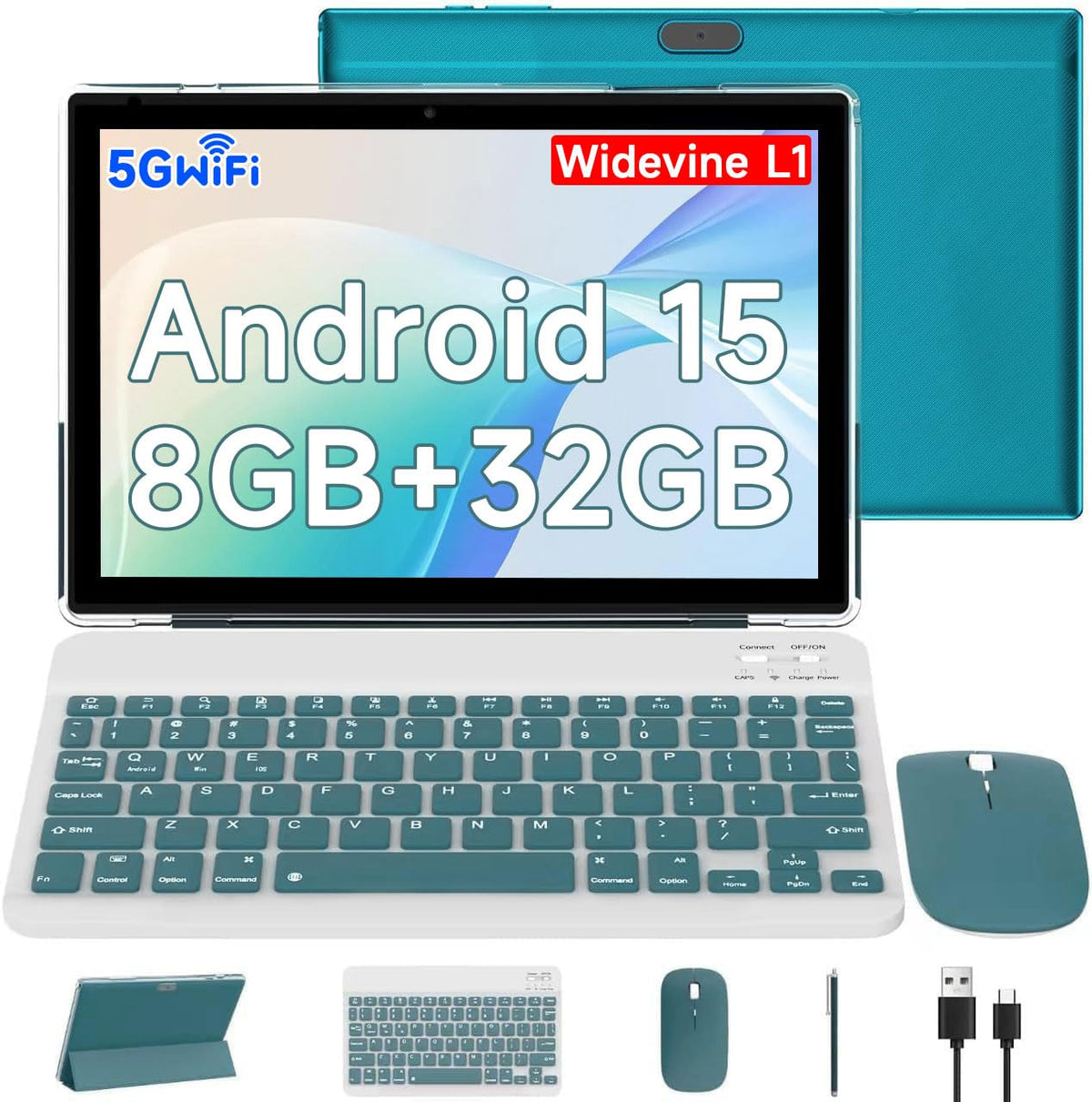 Android 15 Tablet 10.1 Inch 2 in 1 with Keyboard 8GB RAM 32GB ROM Quad-core IPS HD Touch Screen V384