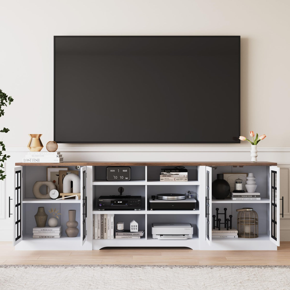 White Black TV Stand with 2 Cabinets and 3-Tier Shelves N6530