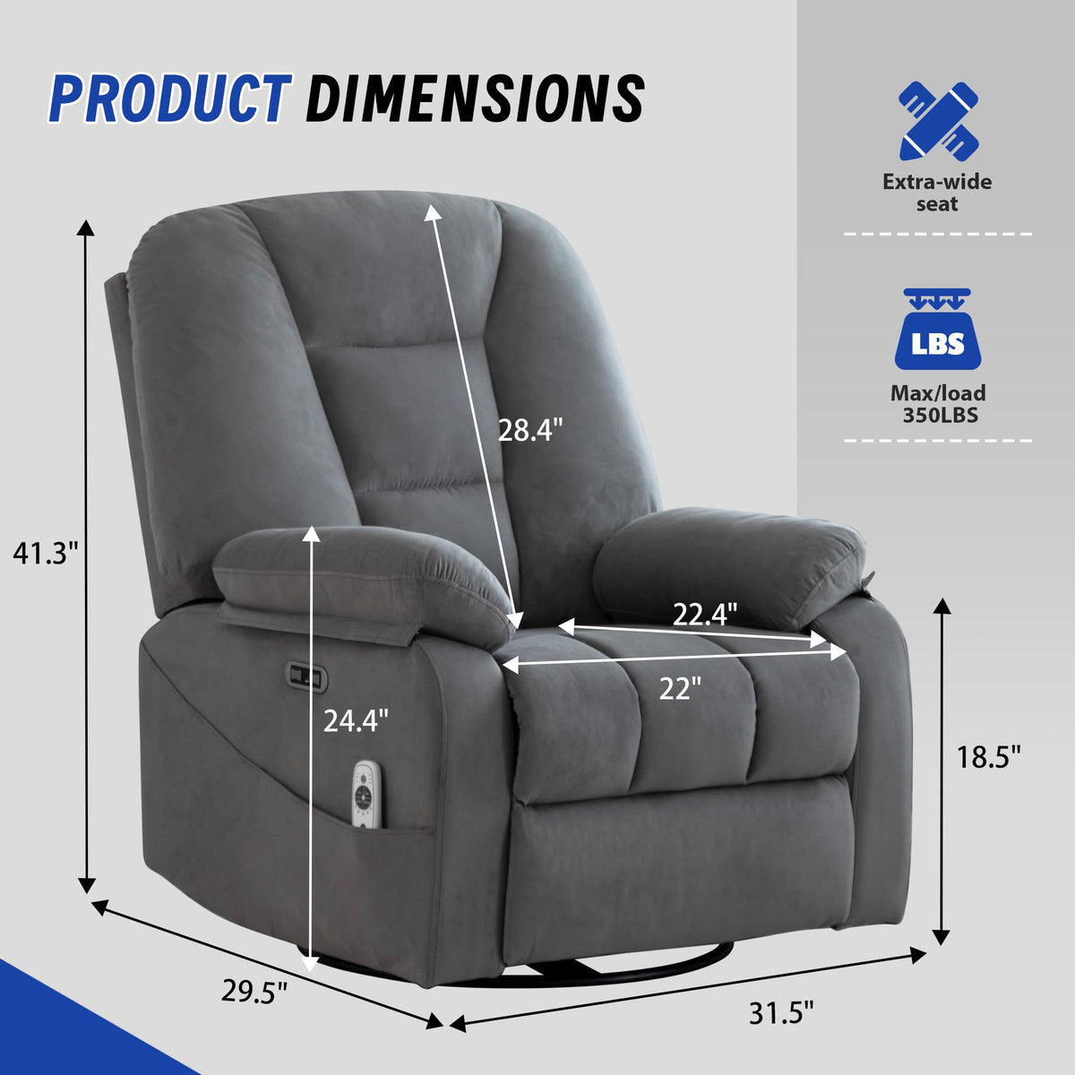 Power Swivel Rocker Recliner Chair with Massage and Heat, Gray A200