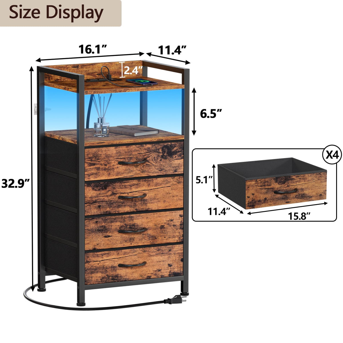 4 Drawer Night Stand with Charging Station P841