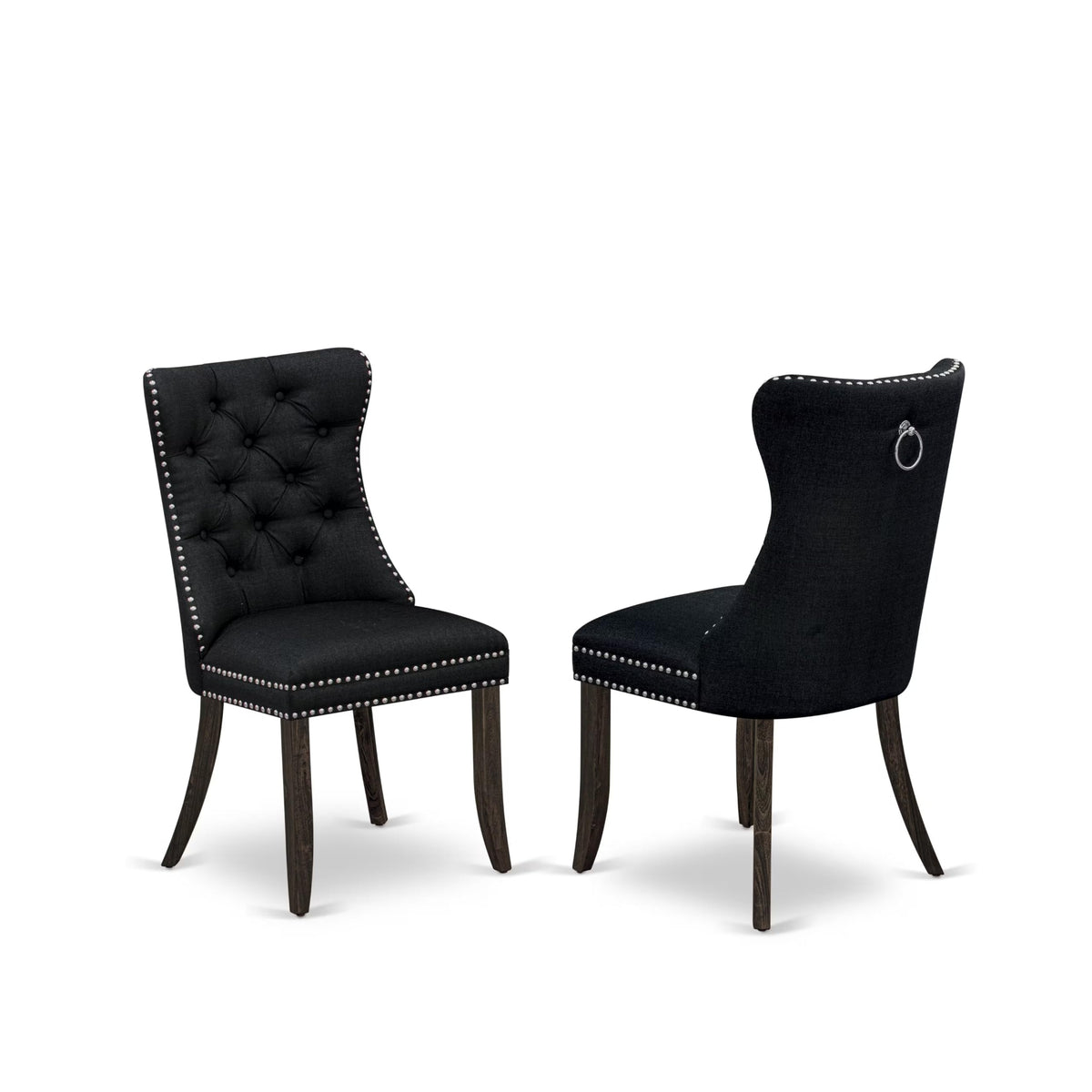 Black Linen Fabric Button Tufted Dining Chairs Set of 2 T181583