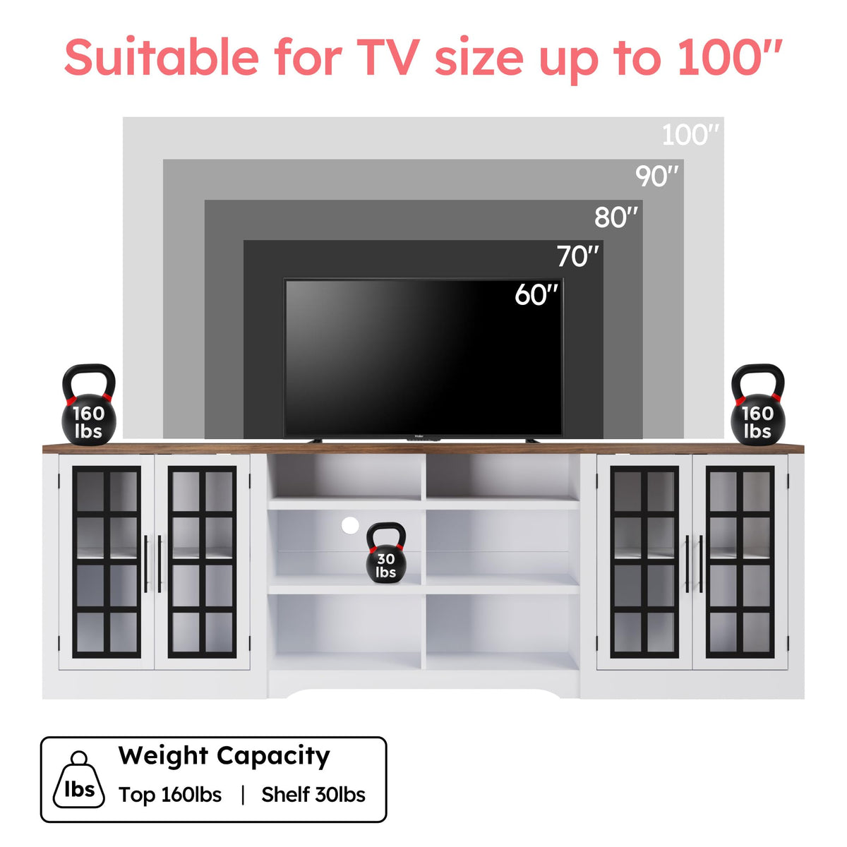 White Black TV Stand with 2 Cabinets and 3-Tier Shelves N6530