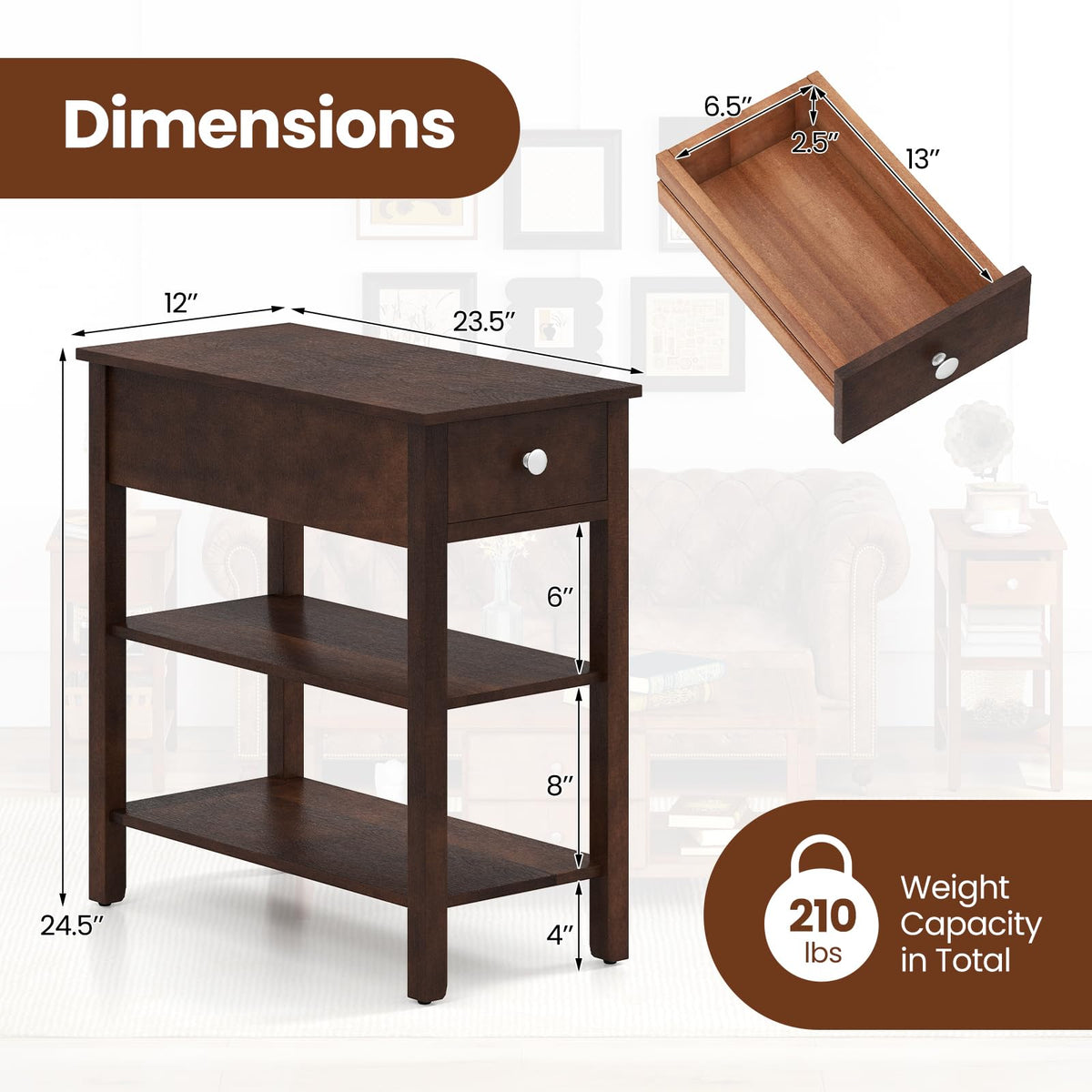 Narrow End Table Set of 2 Wood 3-Tier W856422