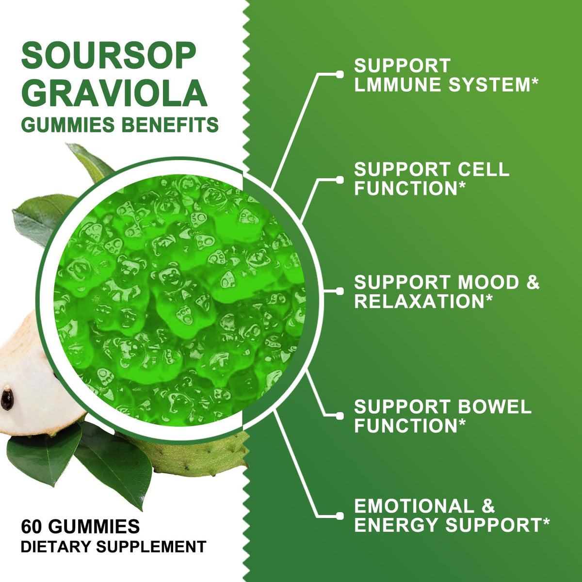 Organic Soursop Graviola Gummies 2200mg with Sea Moss Zinc Vitamin C 60 Gummies G533