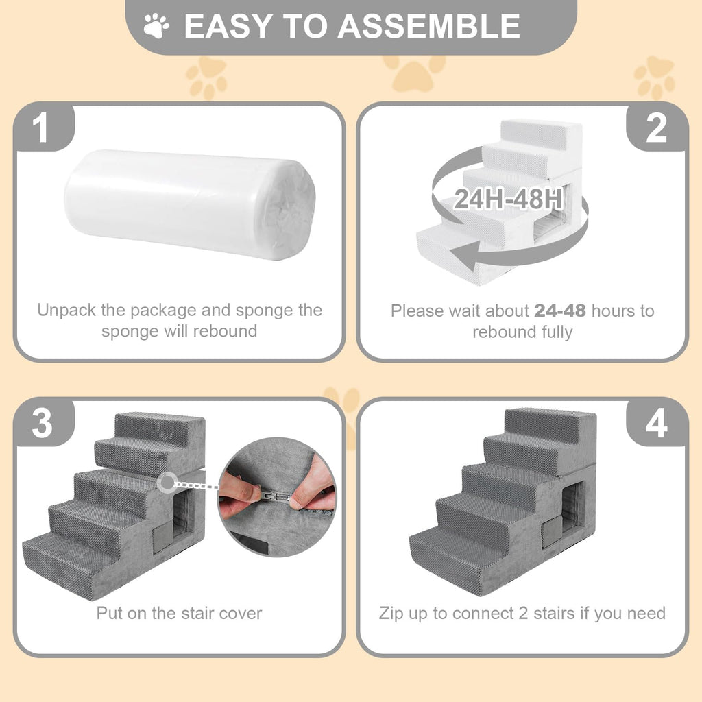 Grey 5-Step Dog Stairs with Non-Slip Washable Cover O3048