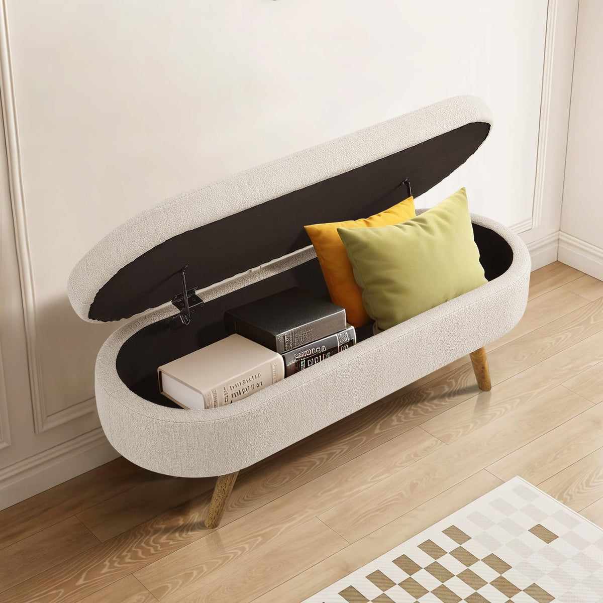 Beige Linen Upholstered Storage Ottoman Bench Z22749