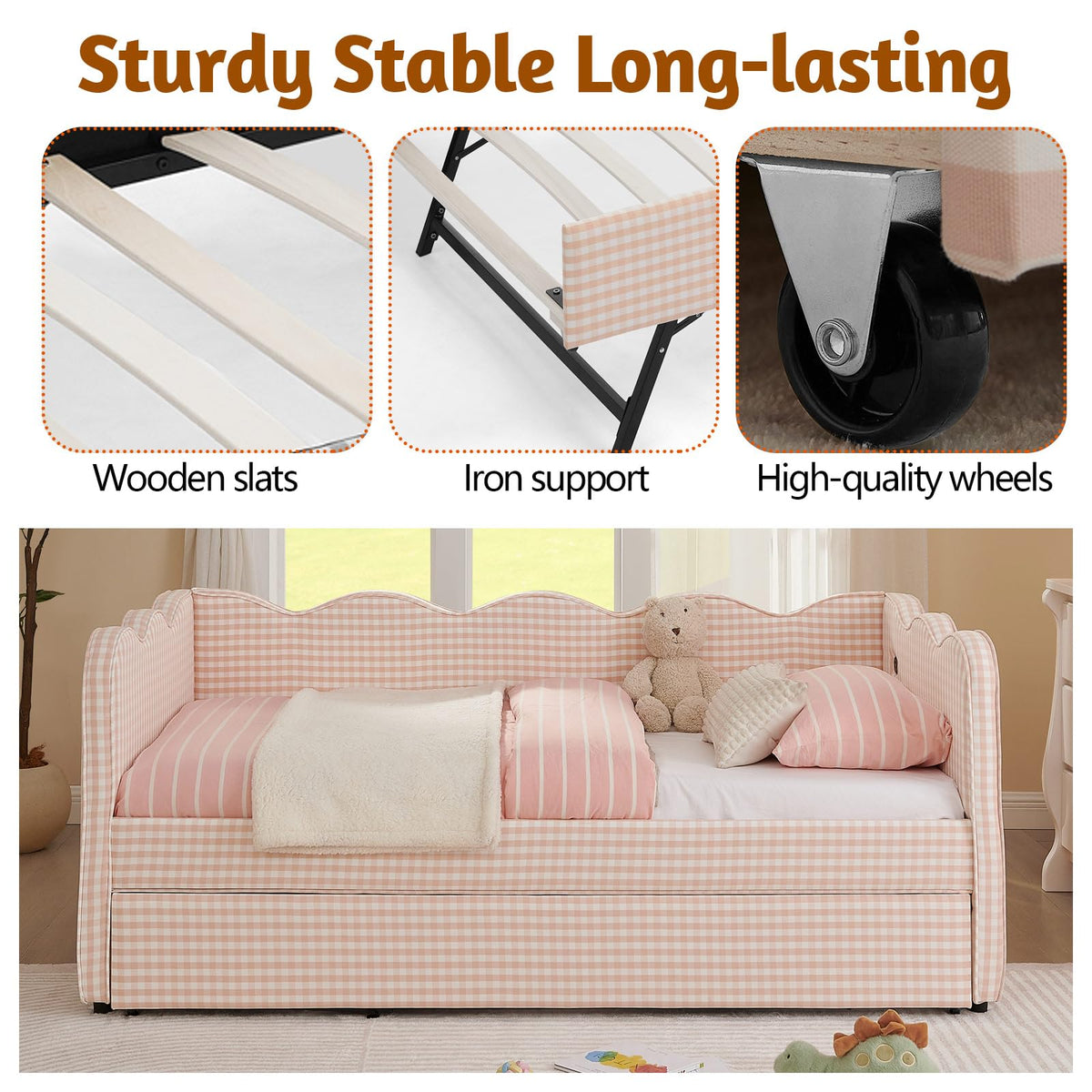 Pink Twin Size Gingham Daybed with Trundle V1613