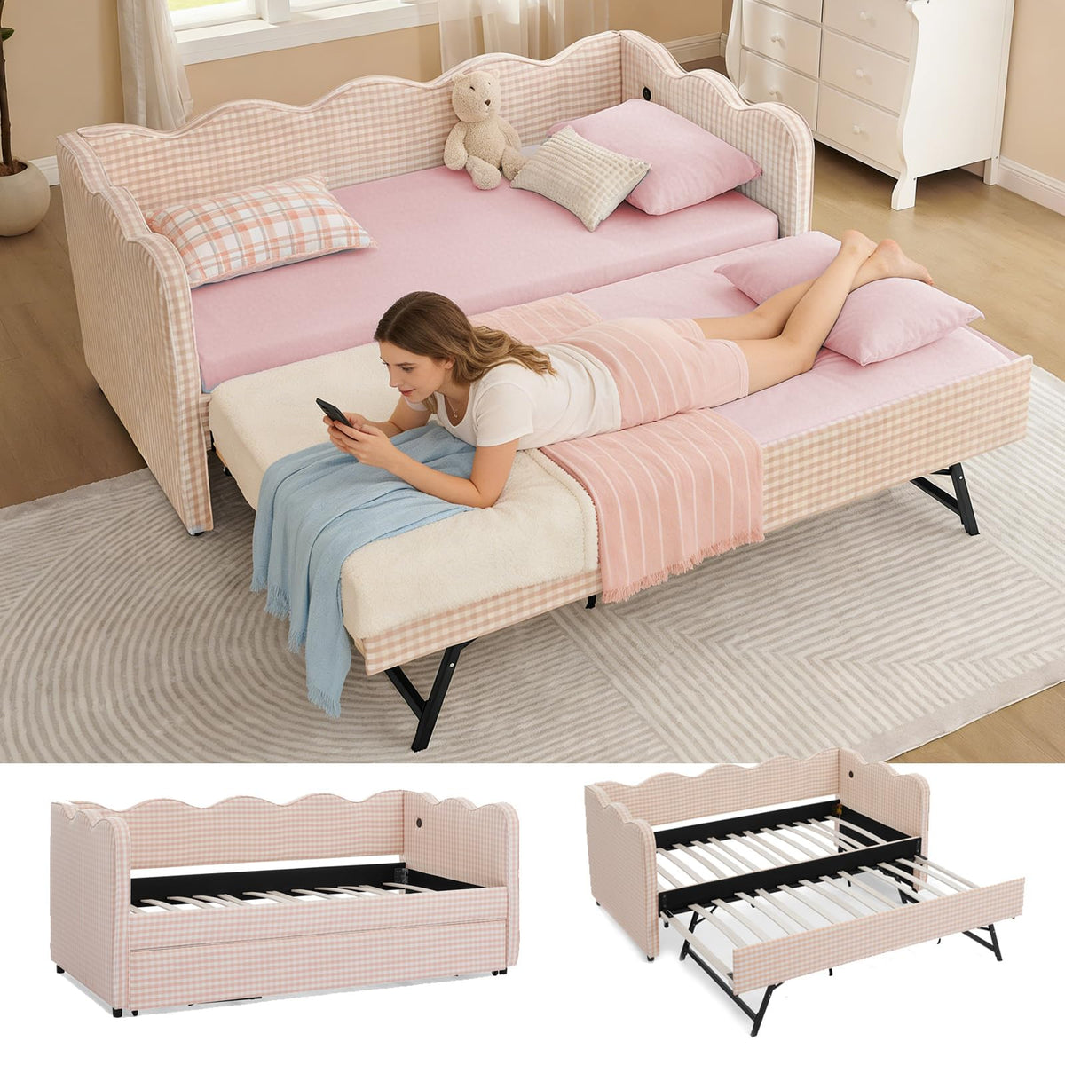 Pink Twin Size Gingham Daybed with Trundle V1613