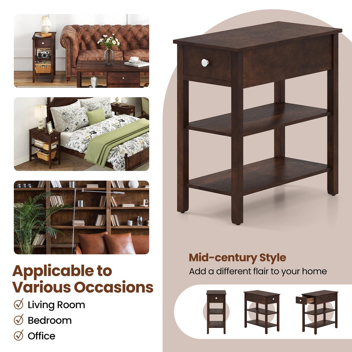 Narrow End Table Set of 2 Wood 3-Tier W856422