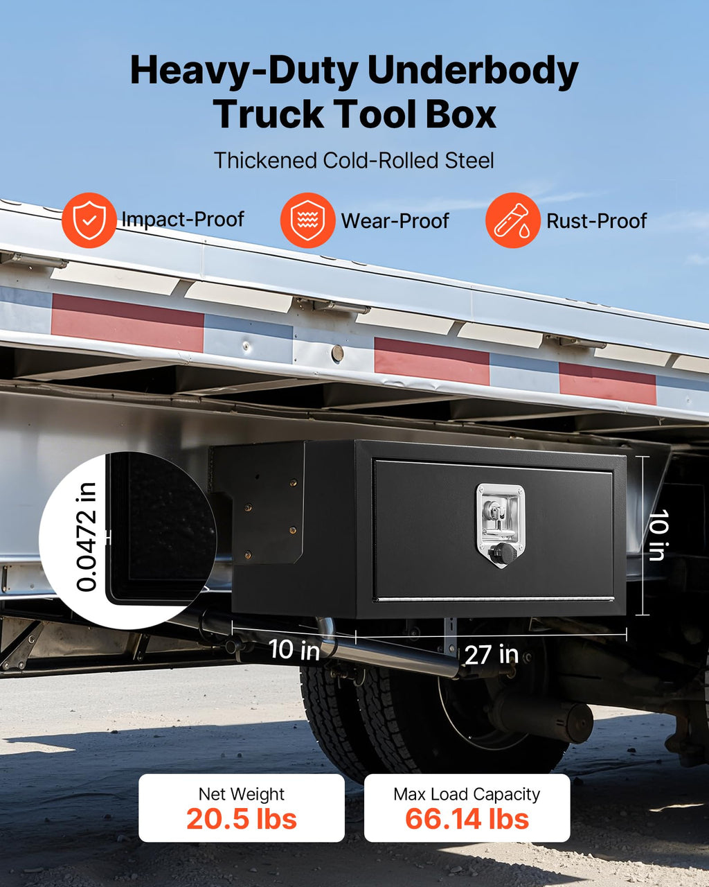 Underbody Truck Tool Box 27 x 10 x 10 Inch Heavy Duty Steel with Lock & Keys Black N23147