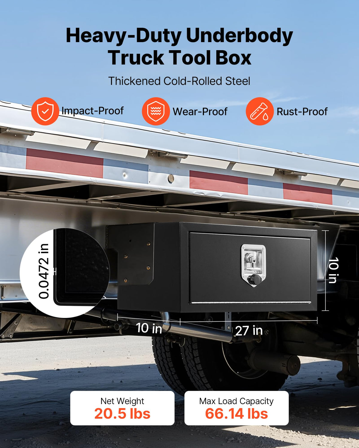 Underbody Truck Tool Box 27 x 10 x 10 Inch Heavy Duty Steel with Lock & Keys Black N23147
