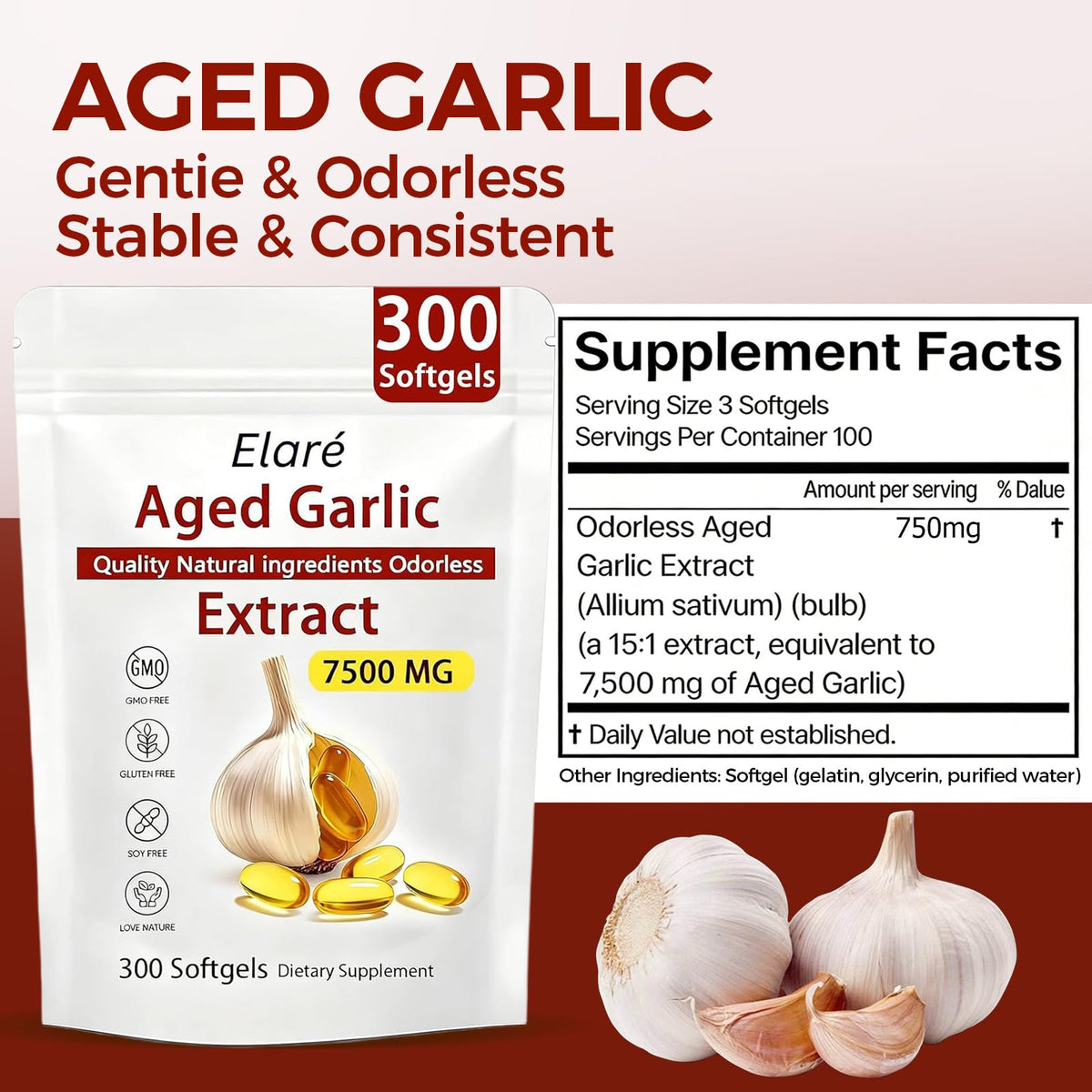 Odorless Aged Garlic Extract Capsules 7500, 300 Count X65315