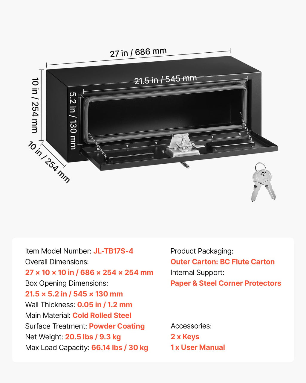 Underbody Truck Tool Box 27 x 10 x 10 Inch Heavy Duty Steel with Lock & Keys Black N23147