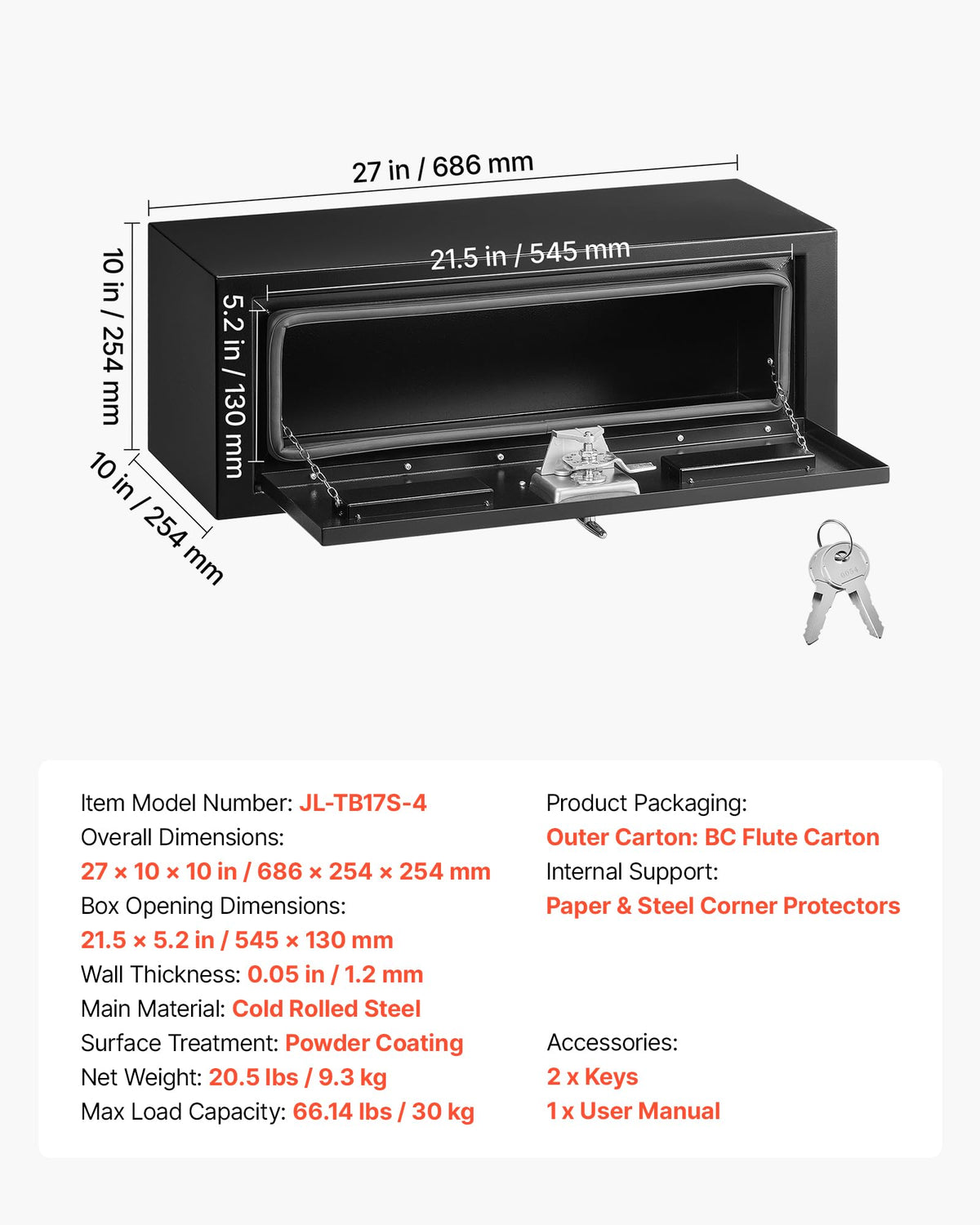 Underbody Truck Tool Box 27 x 10 x 10 Inch Heavy Duty Steel with Lock & Keys Black N23147
