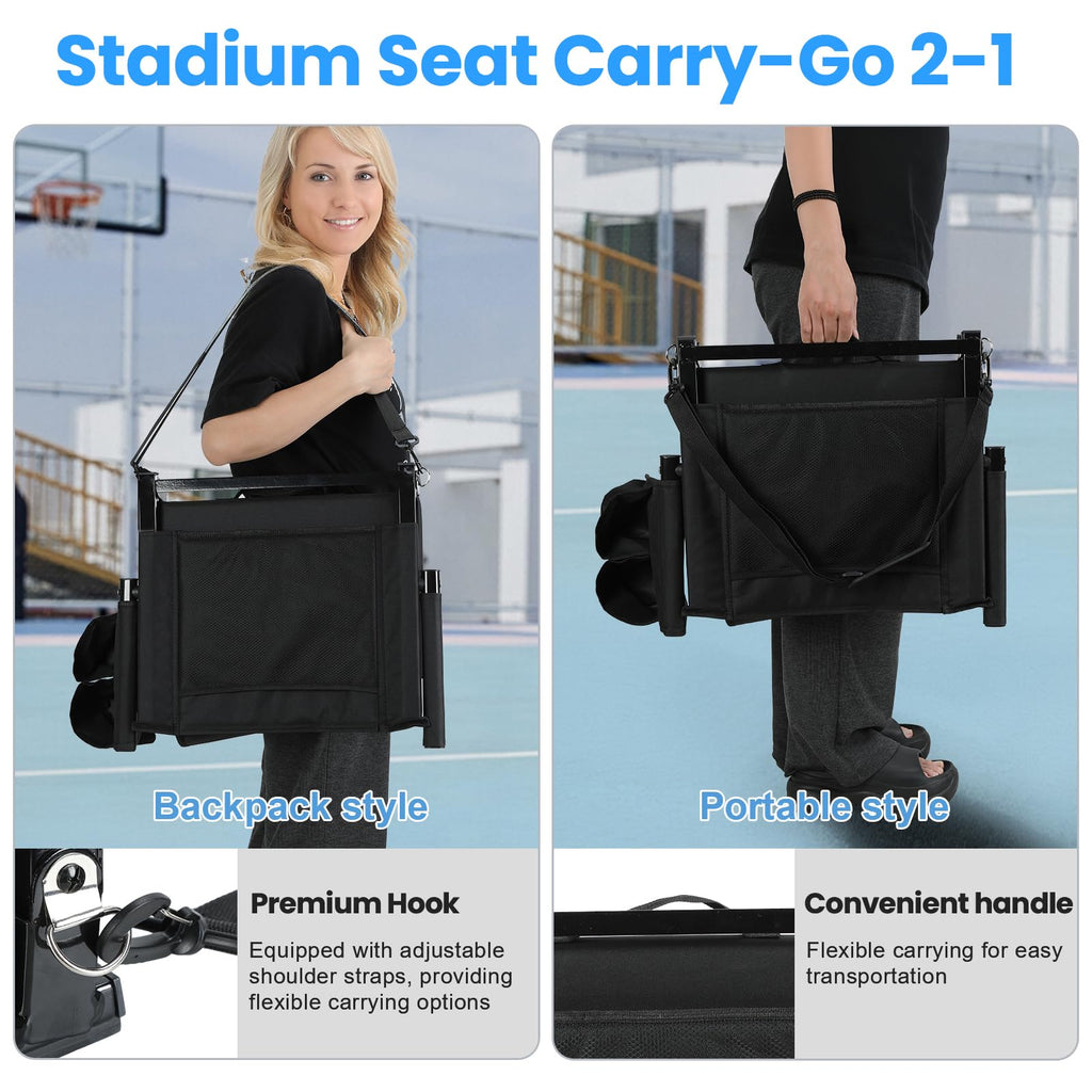 2 Pcs Black Folding Stadium Seats with Back Support and Cup Holder U8427