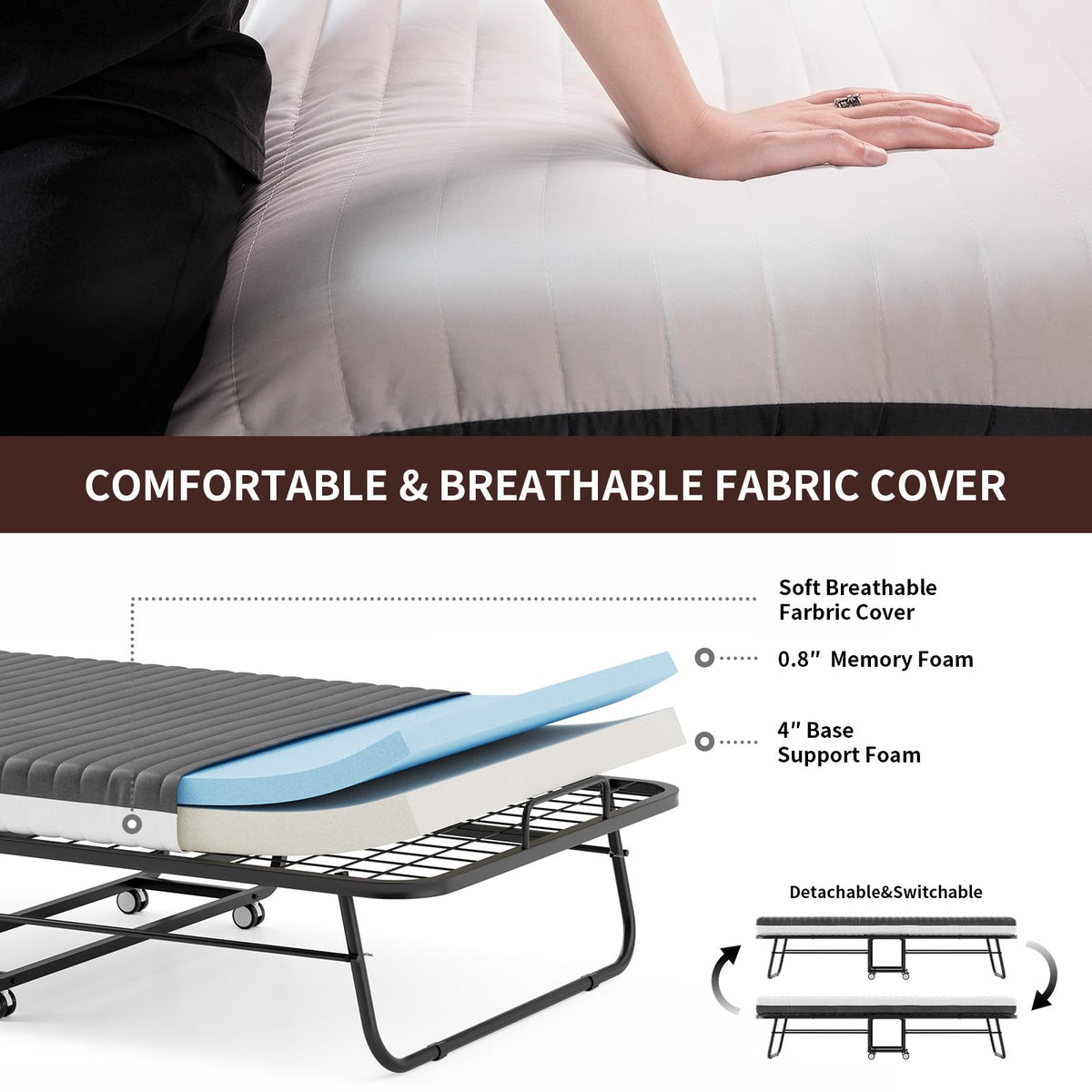 Folding Bed with Mattress 75''x31'' 5 Inch Memory Foam Metal Frame C5850