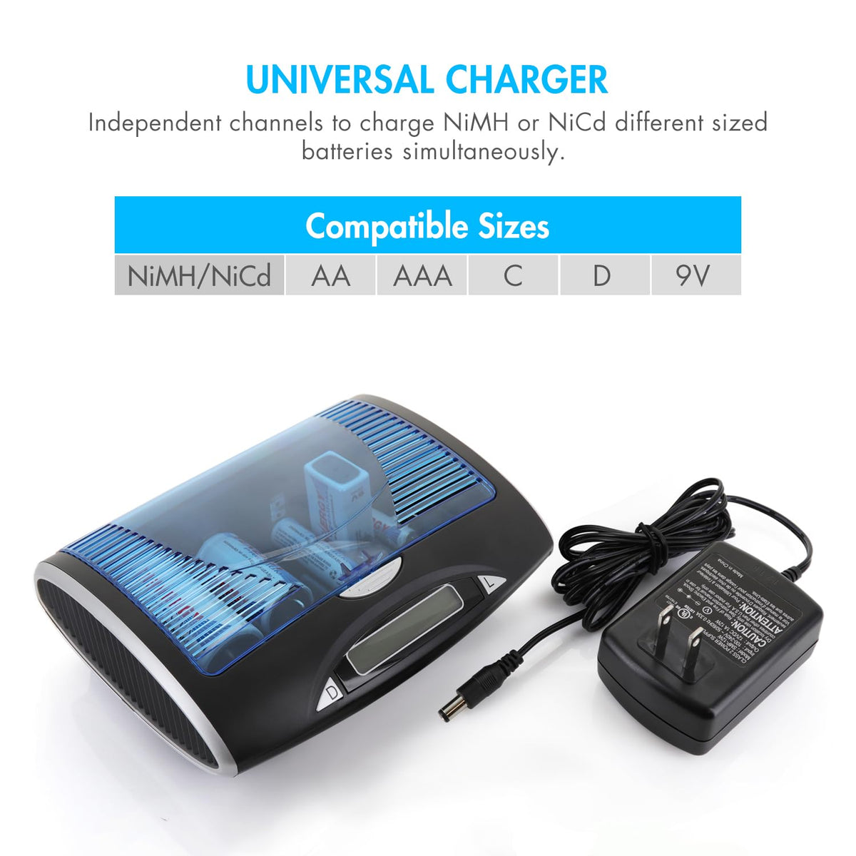 Universal LCD Battery Charger + 8 Pack D Size Rechargeable Batteries H816