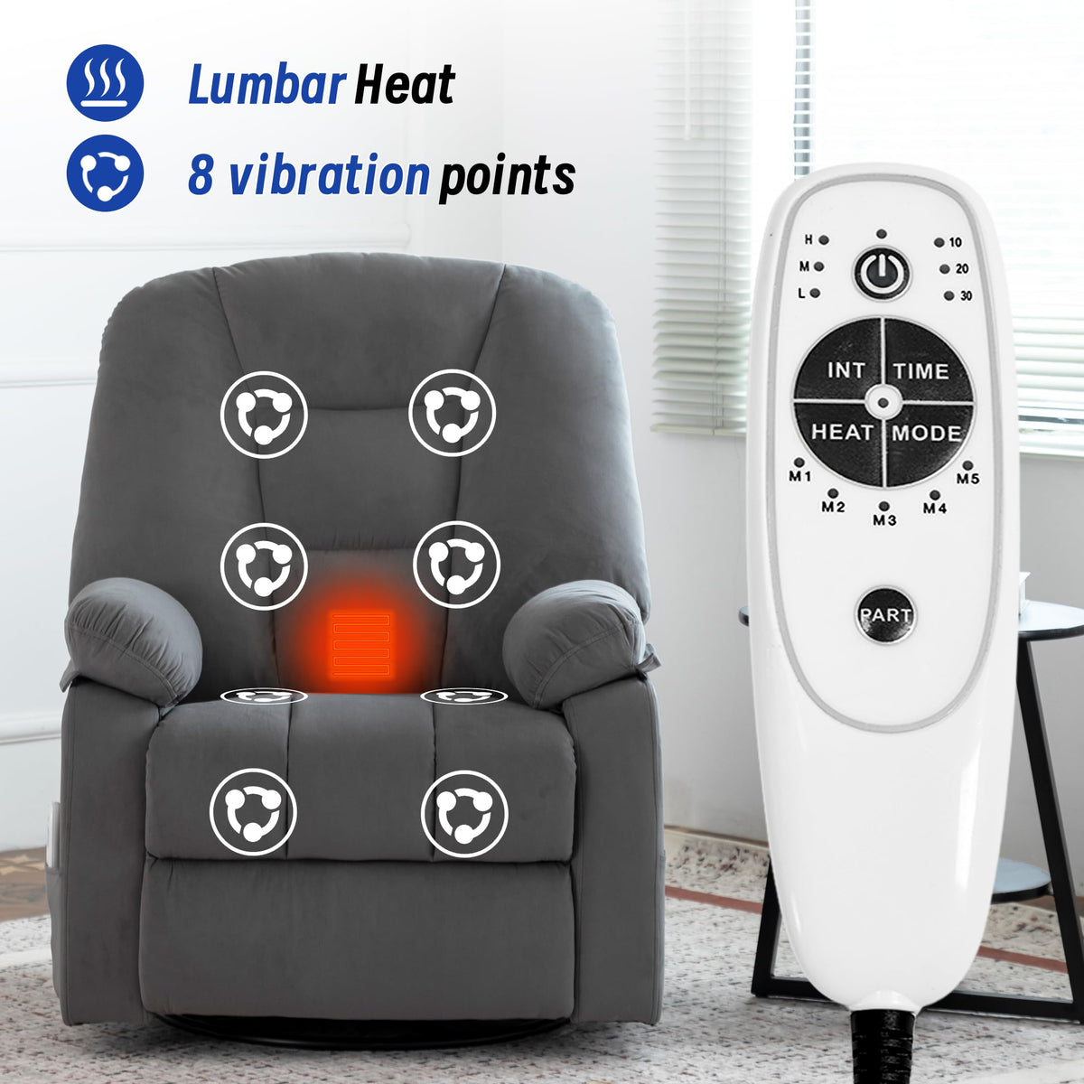 Power Swivel Rocker Recliner Chair with Massage and Heat, Gray A200