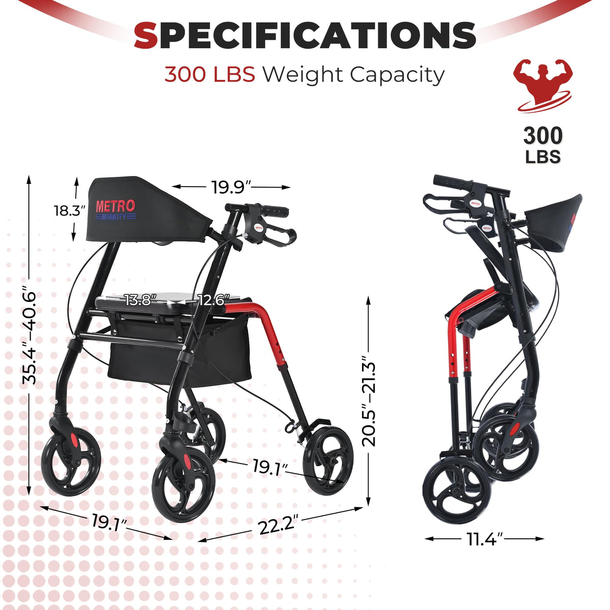 Foldable Lightweight Rolling Walker with Seat, 8" Wheels, 300 lb. Capacity, Red K852