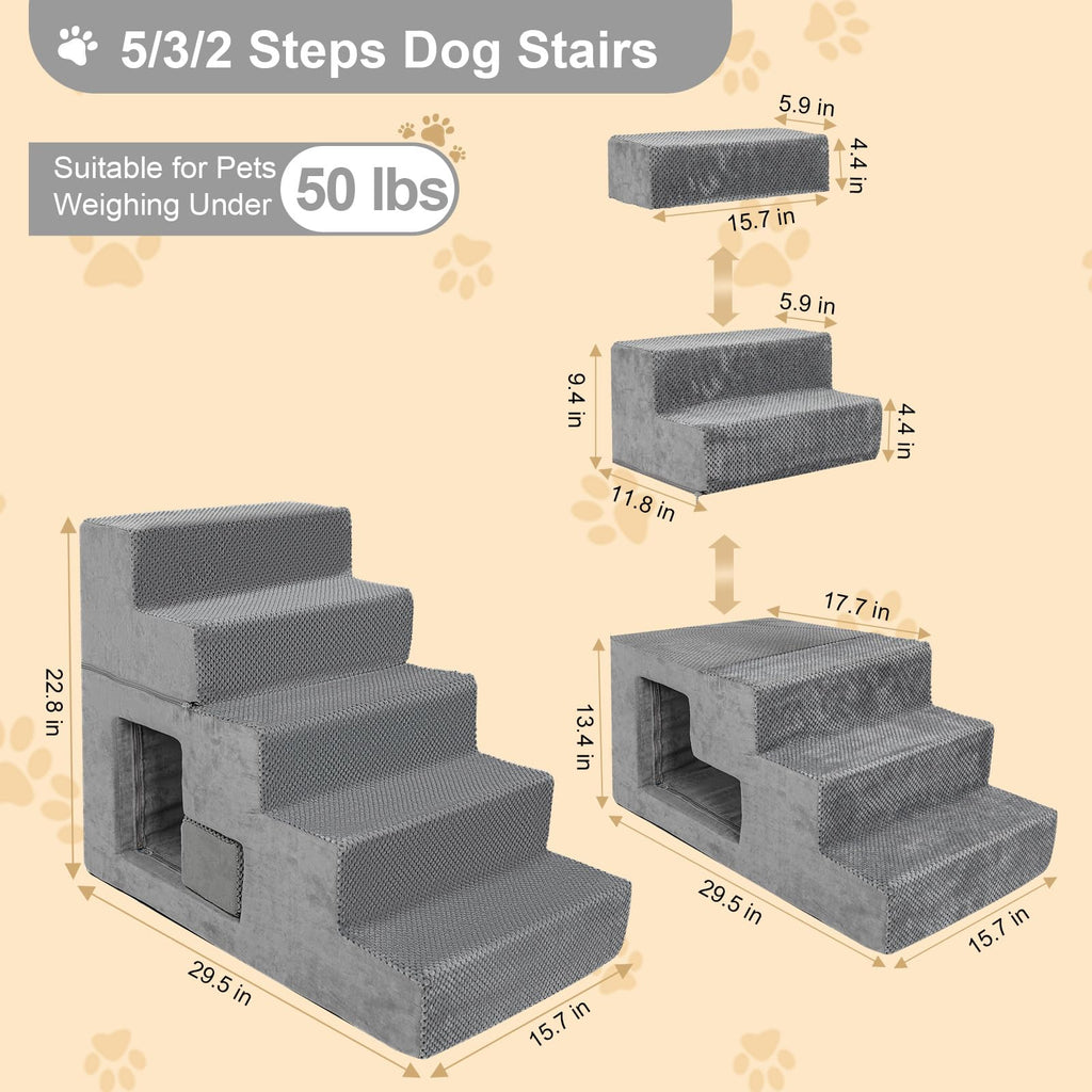 Grey 5-Step Dog Stairs with Non-Slip Washable Cover O3048