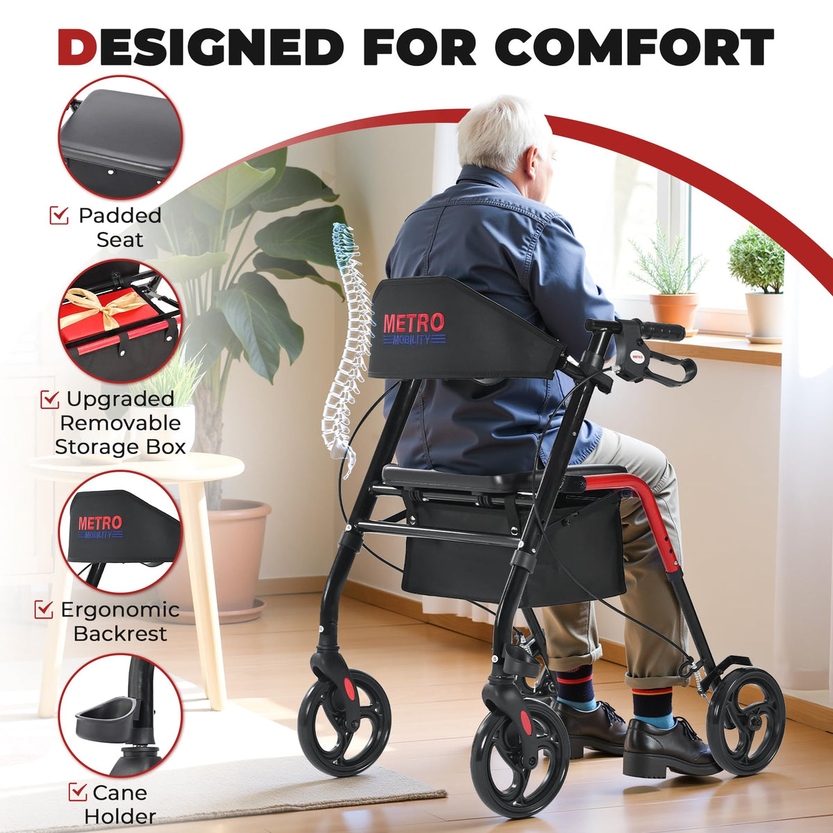 Foldable Lightweight Rolling Walker with Seat, 8" Wheels, 300 lb. Capacity, Red K852