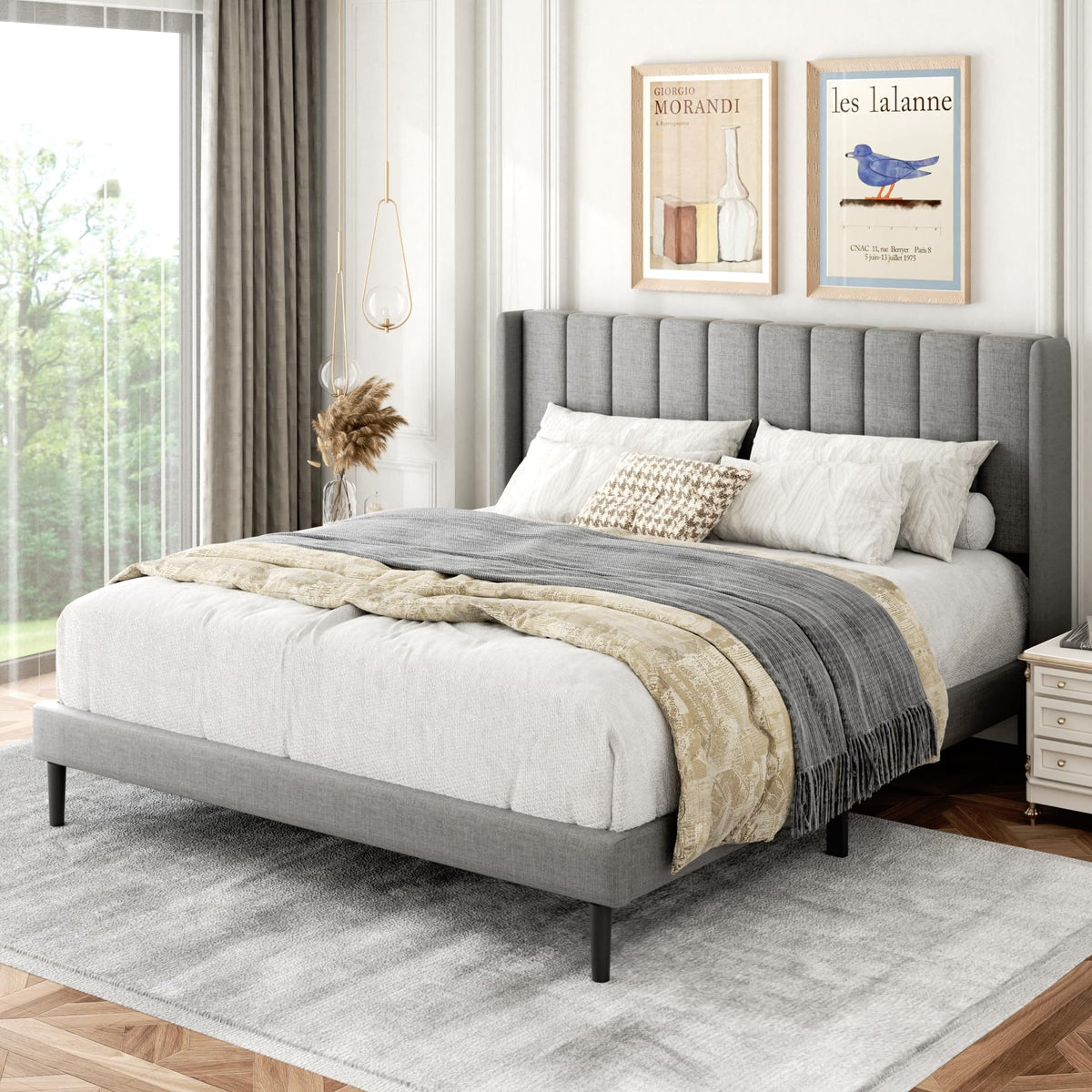 Queen Size Upholstered Platform Bed Frame with Wingback Headboard I52436