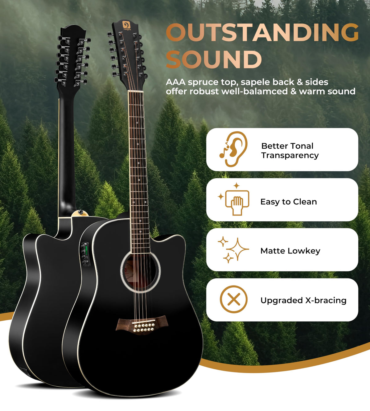 12 String Acoustic Electric Guitar Spruce Top Bone Nut Black Matte E148
