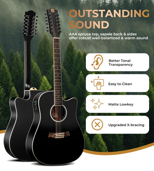 12 String Acoustic Electric Guitar Spruce Top Bone Nut Black Matte E148