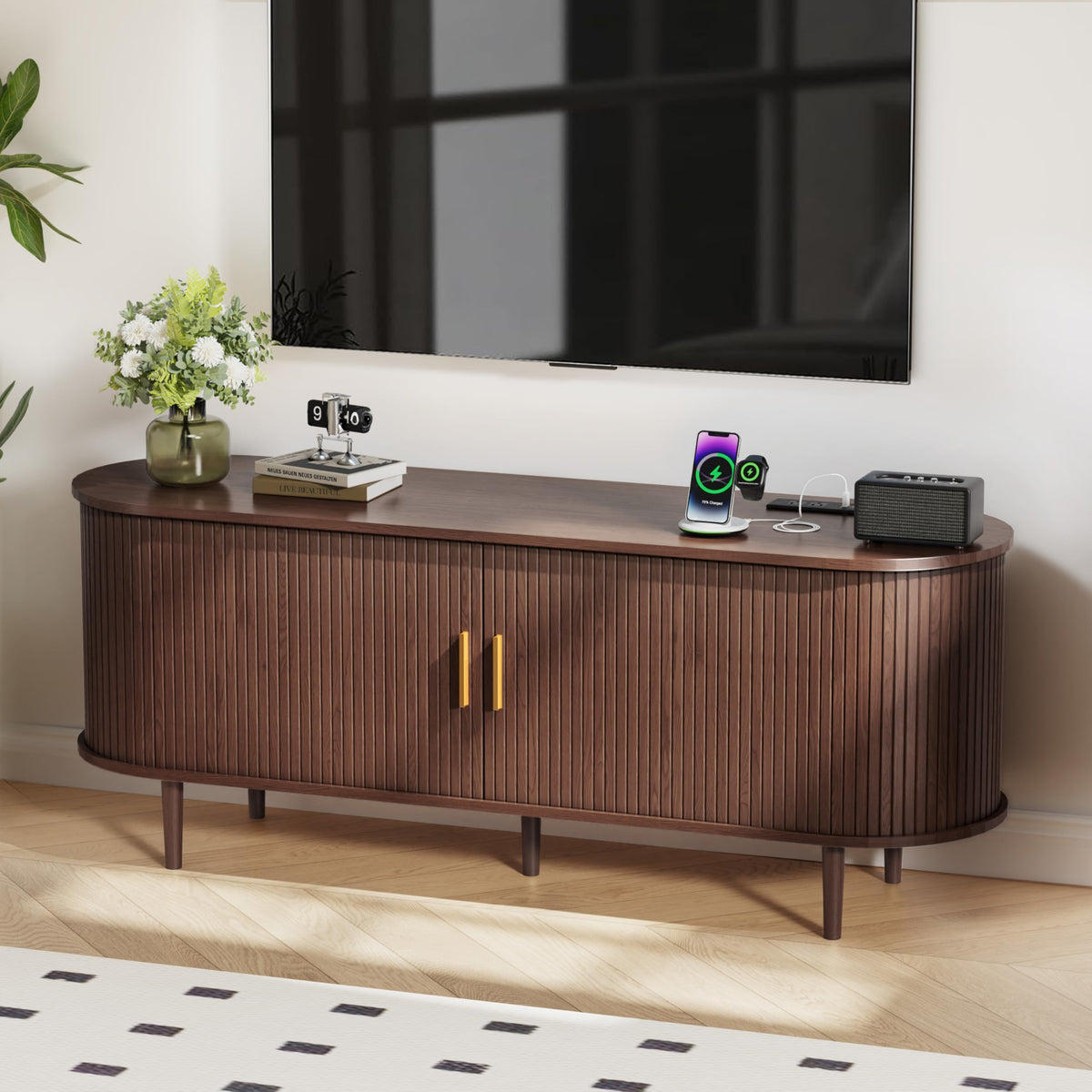 55 Inch Mid Century Modern TV Stand with Power Outlet and Adjustable Shelves X168360