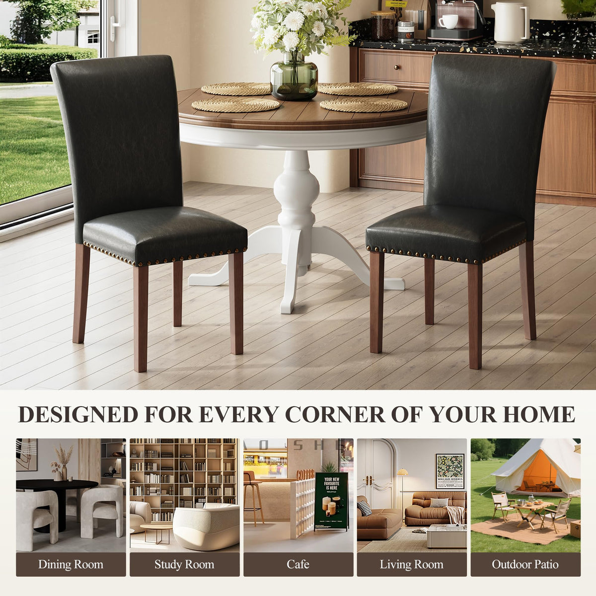 Black Leather Dining Chairs Set of 2 with Wood Legs S5686