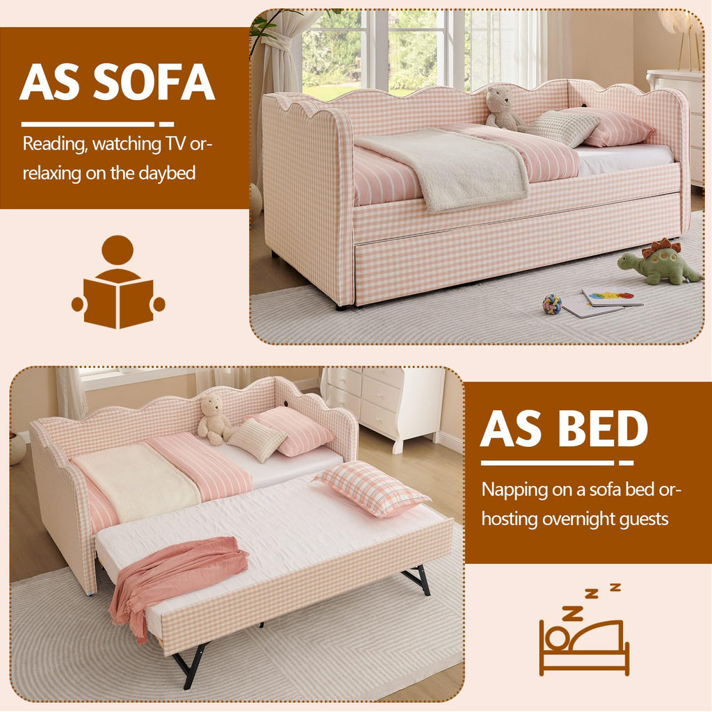 Pink Twin Size Gingham Daybed with Trundle V1613
