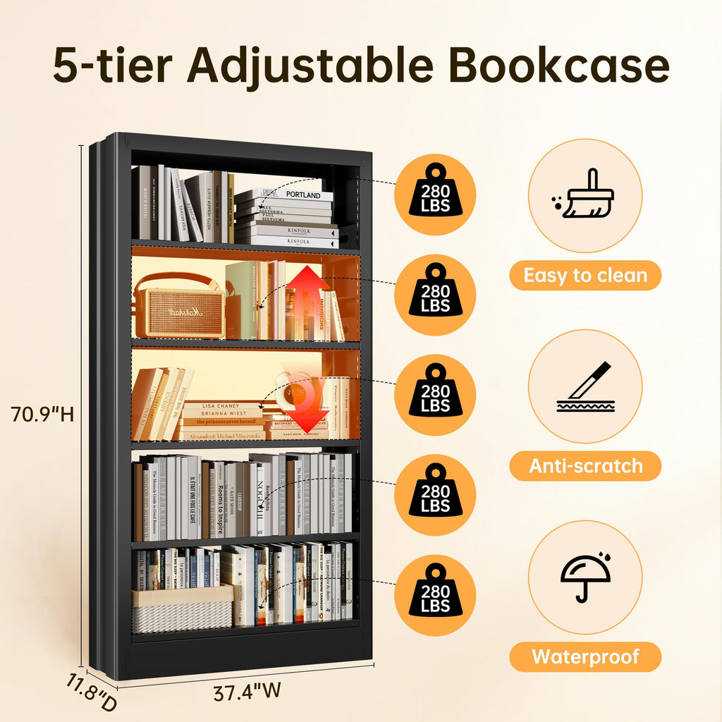 Black 5-Tier Metal Bookcase with Adjustable Shelves U784