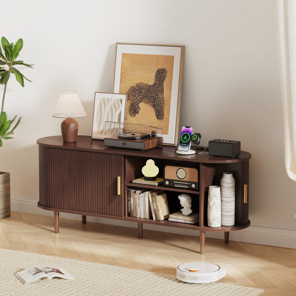 55 Inch Mid Century Modern TV Stand with Power Outlet and Adjustable Shelves X168360